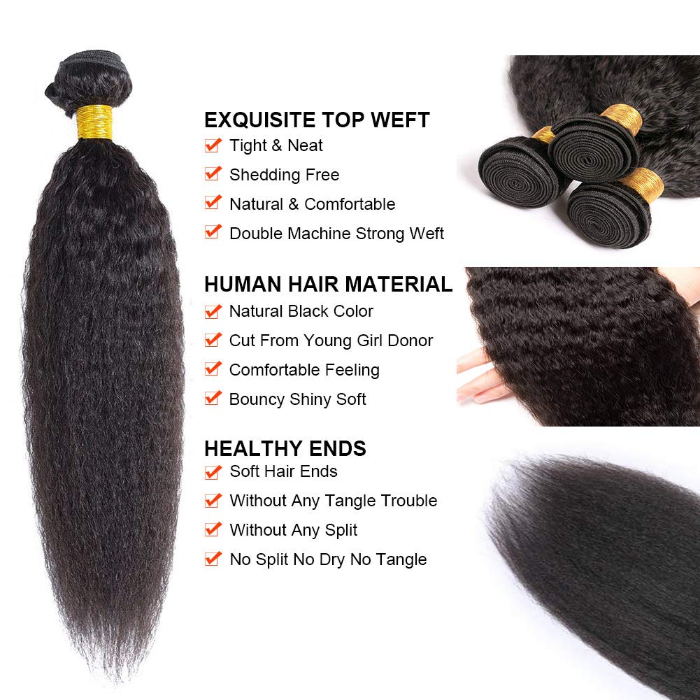 100% Unprocessed Brazilian Virgin Remy Hair Bundles - Kinky Straight 20/22/24 Inch Yaki Straight Human Hair 3 Bundles for Black Women (Natural Black Color) | Perfect for Protective Styles, Weaves & Natural Hair Extensions
