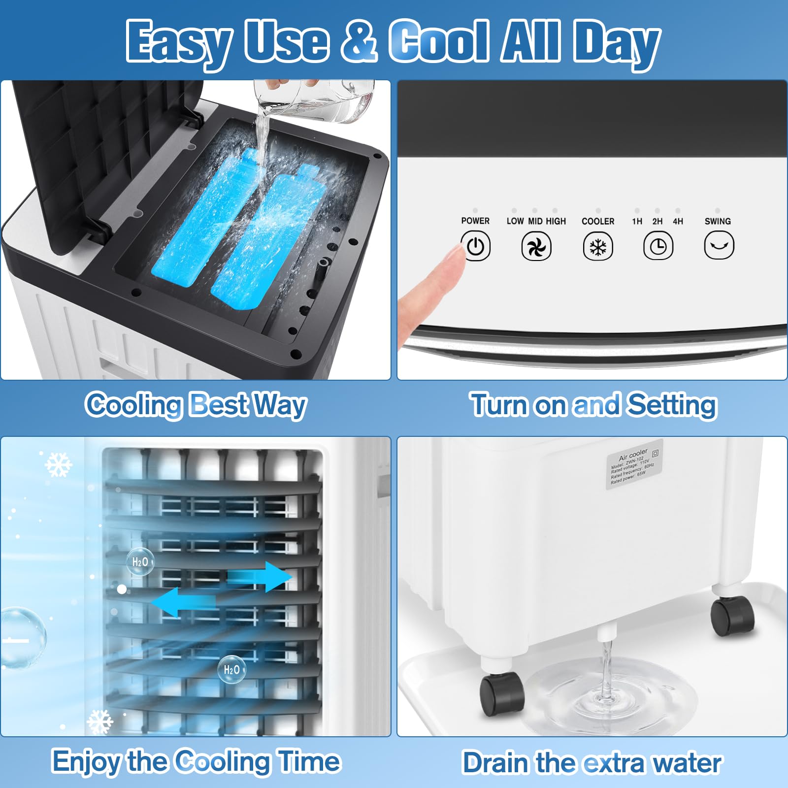 Portable Air Conditioner with 10L Water Tank - 20H Cooling Time, 3 Speeds & 90° Oscillation - Swamp Cooler for Room, Kitchen, Bedroom (Includes 6 Ice Packs) - Perfect for Home, Office & Outdoor Use