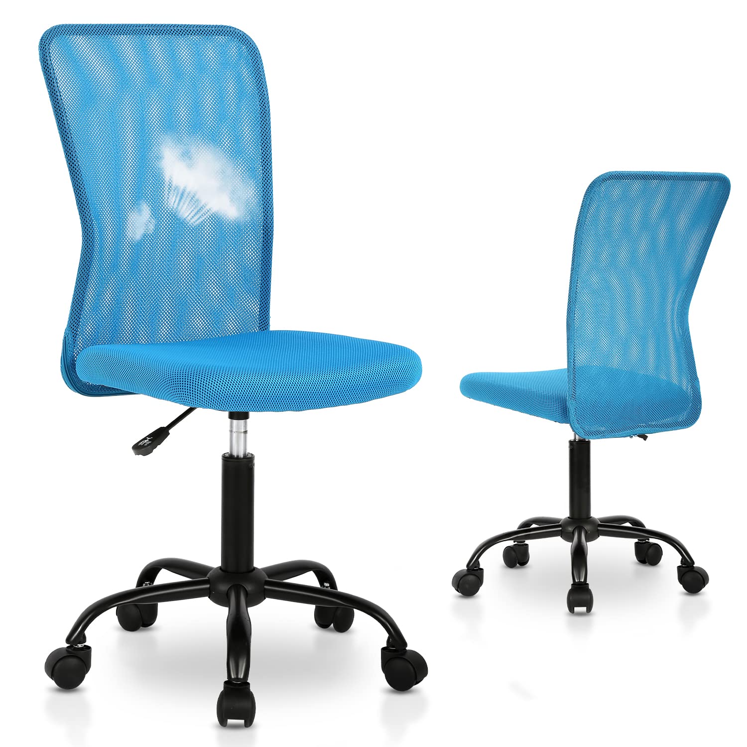 Ergonomic Armless Rolling Office Chair - Small Swivel Desk Chair with Wheels for Home Office, Computer Work, Sewing & Task Chairs - Comfortable Blue Stool for Adults (Ideal for Small Spaces & Compact Workstations)