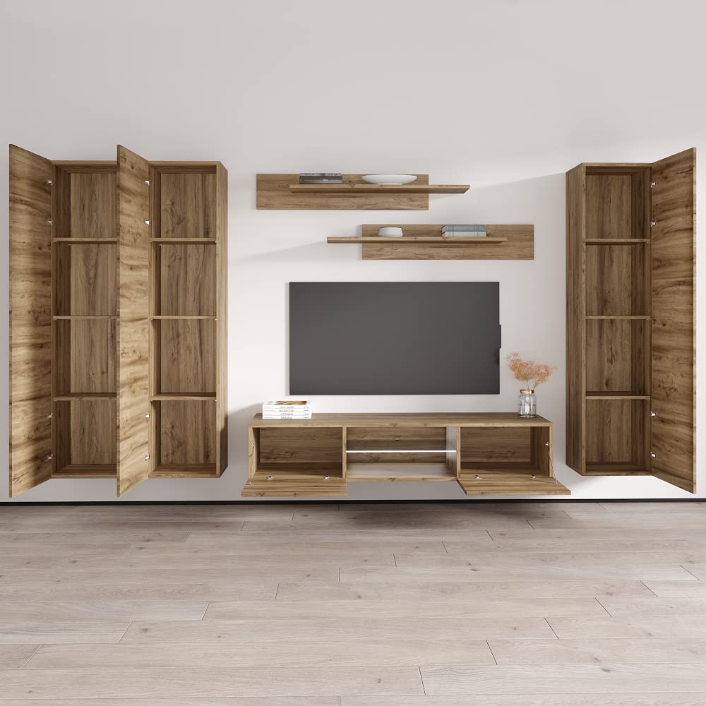 Modern Oak Wall-Mounted TV Stand with Storage Shelves & LED Lights - Floating Entertainment Center Console for Living Room & Bedroom - Space-Saving Media Storage Solution for TVs up to 33