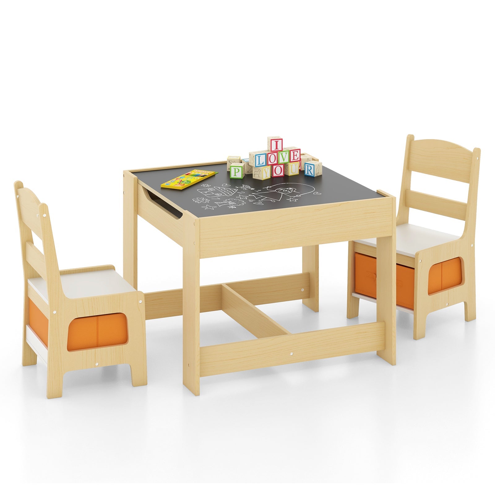 Kids Table and Chairs Set with Storage Boxes & Blackboard Whiteboard - Natural Wood Drawing Desk for Toddlers - Perfect for Playroom, Classroom, and Homeschool Learning Activities