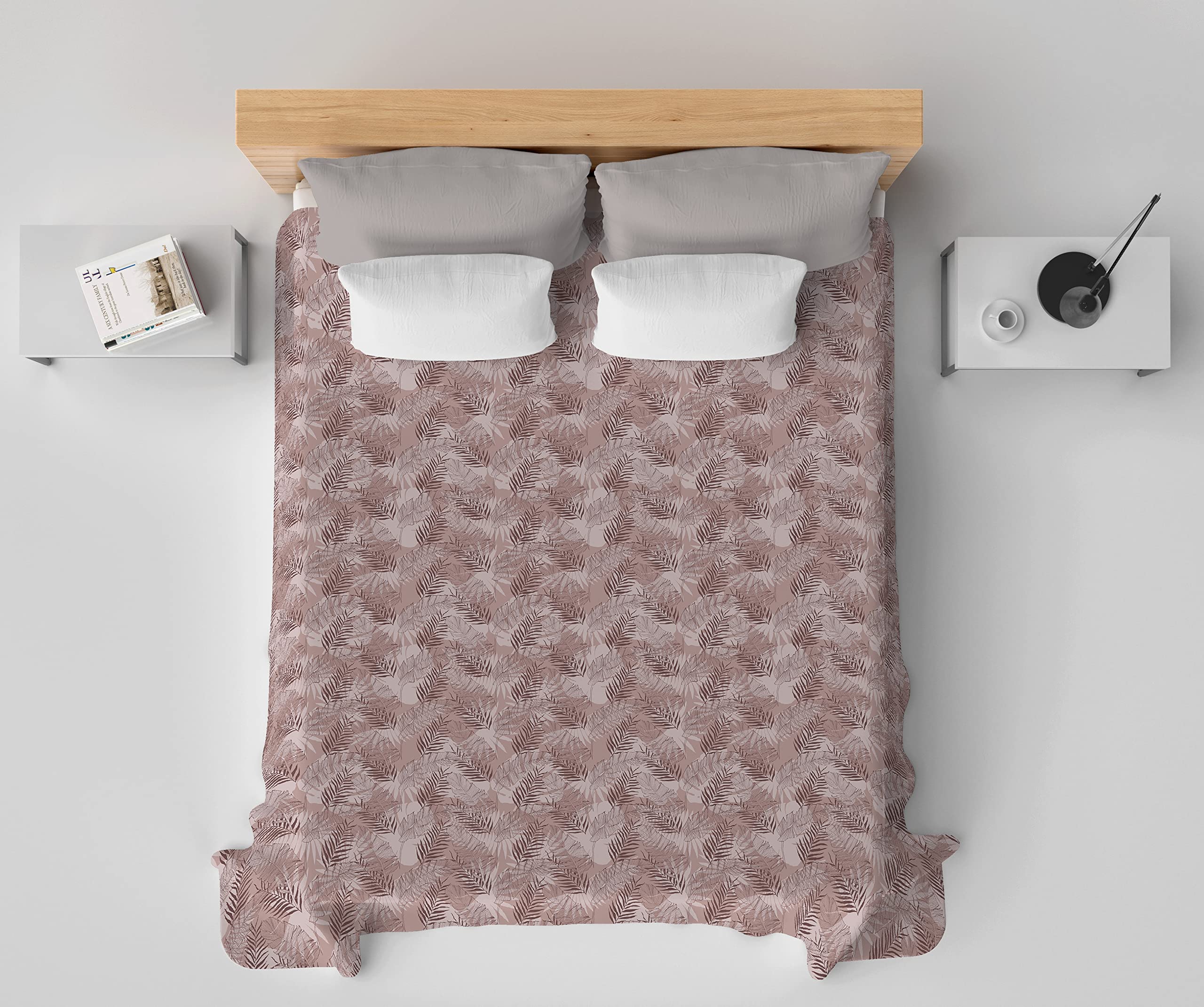 HomeLife Single & Half Size Summer Cotton Piqué Bedspread Made in Italy [220 x 280 cm] | Lightweight Spring Cotton Blanket for French Beds | Colorful Leaf Design Bed Cover in Pink | Perfect for Guest Rooms & Summer Nights