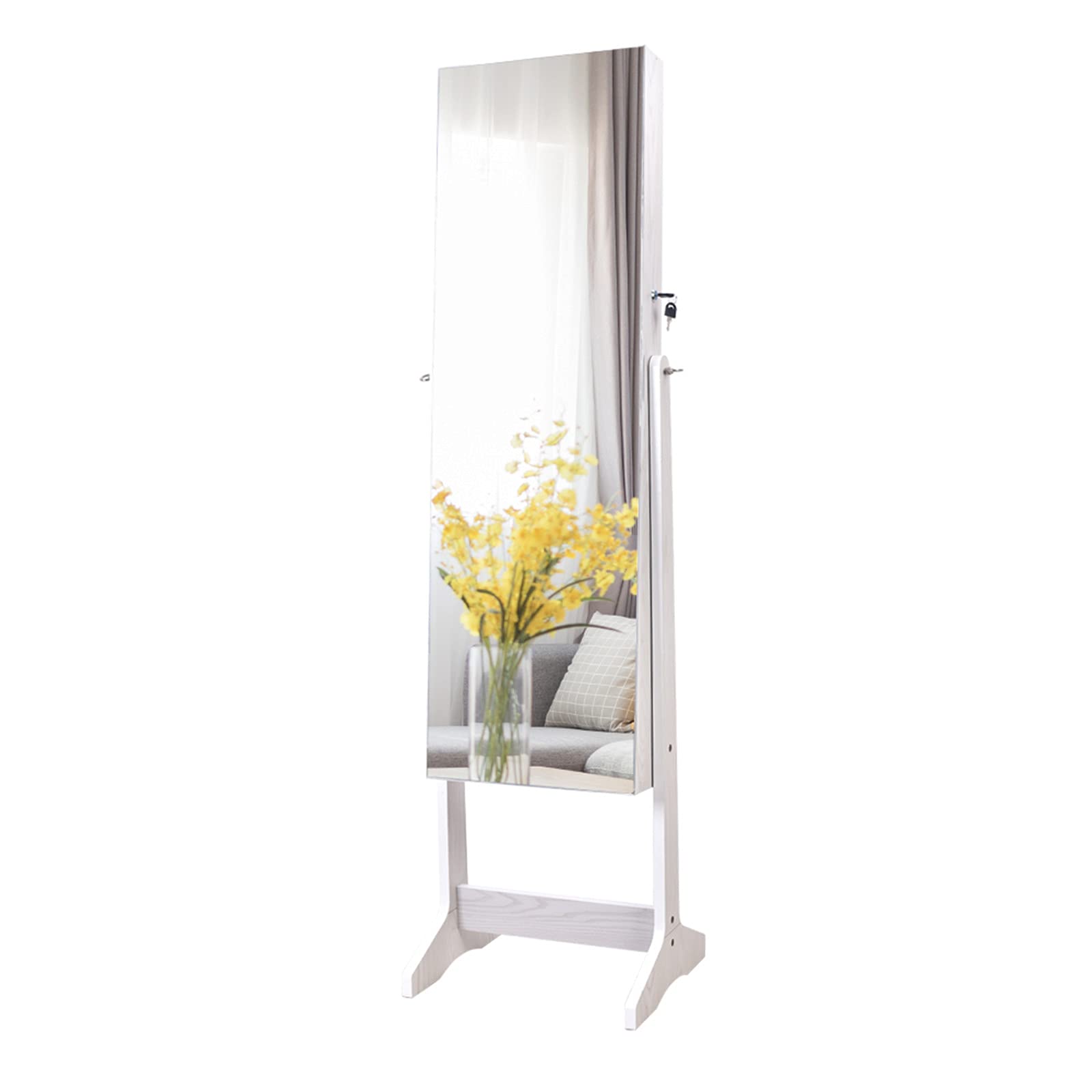 TRLEC GT4-LY Full-Length Mirror Makeup Vanity with LED Lights, 2 Drawers & 5-Tier Storage - Solid Wood Pattern White Jewelry Cabinet for Bedroom, Dressing Room & Beauty Salon | Floor Standing I-Shaped Base Mirror Organizer