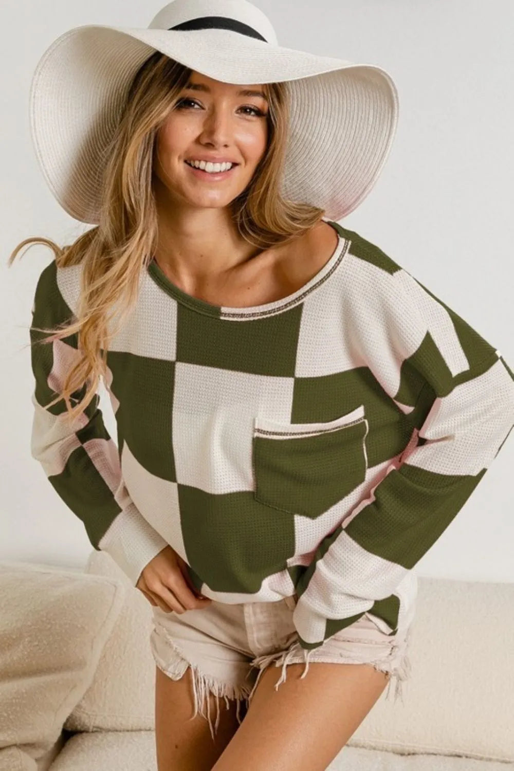 BiBi Checker Printed Hacci Knit Top with Front Pocket - Stylish Casual Wear for Women | Perfect for Everyday Outfits, Office Looks & Weekend Brunch