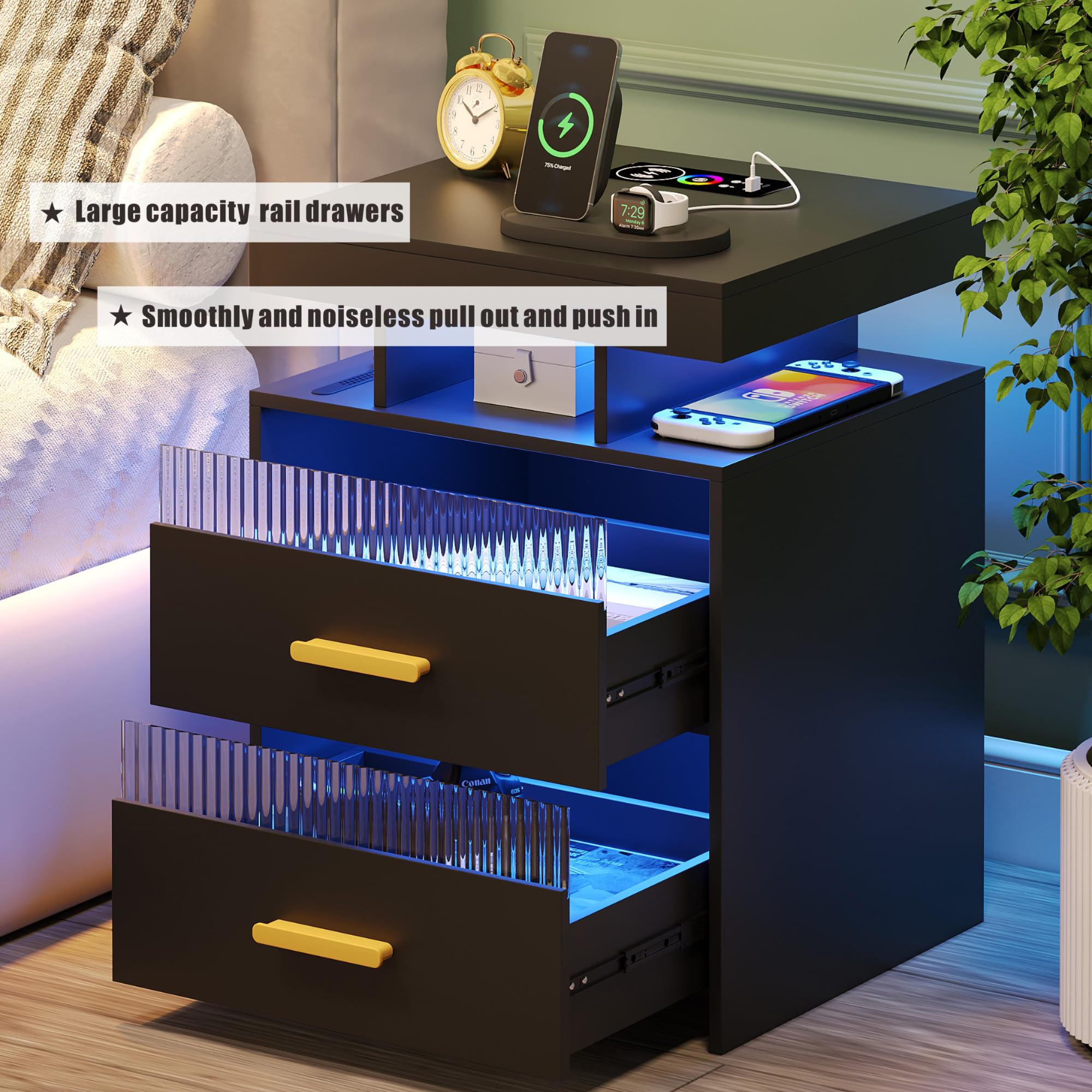 Black Nightstand with RGB LED Lights & USB Charging Station, Human Sensor LED Drawer Lights, Modern End Table for Bedroom, Living Room, Office - Perfect for Small Spaces and Studio Apartments