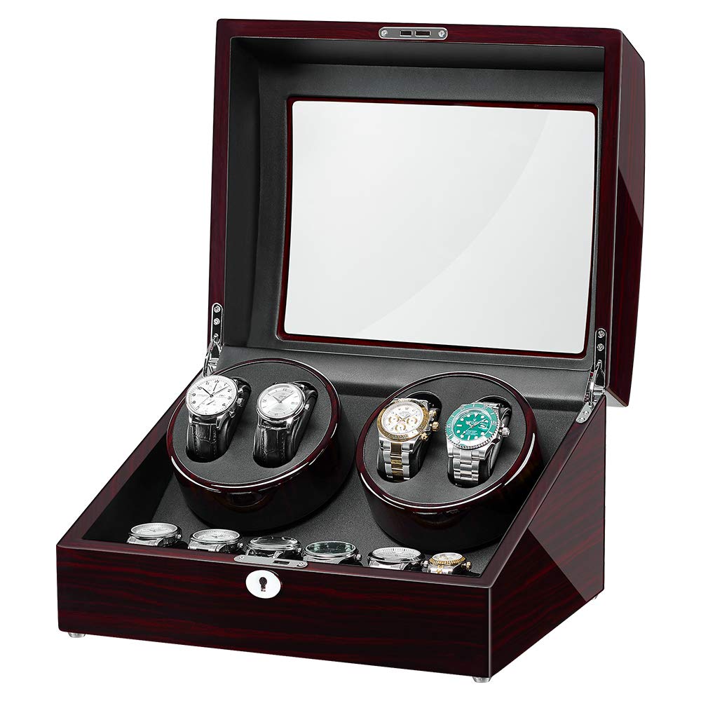 JQUEEN Automatic Watch Winder with Quiet Motor - 10 Watch Storage Case (4+6 Capacity) with Soft Flexible Pillows | Perfect for Watch Collectors & Luxury Timepiece Display at Home/Office