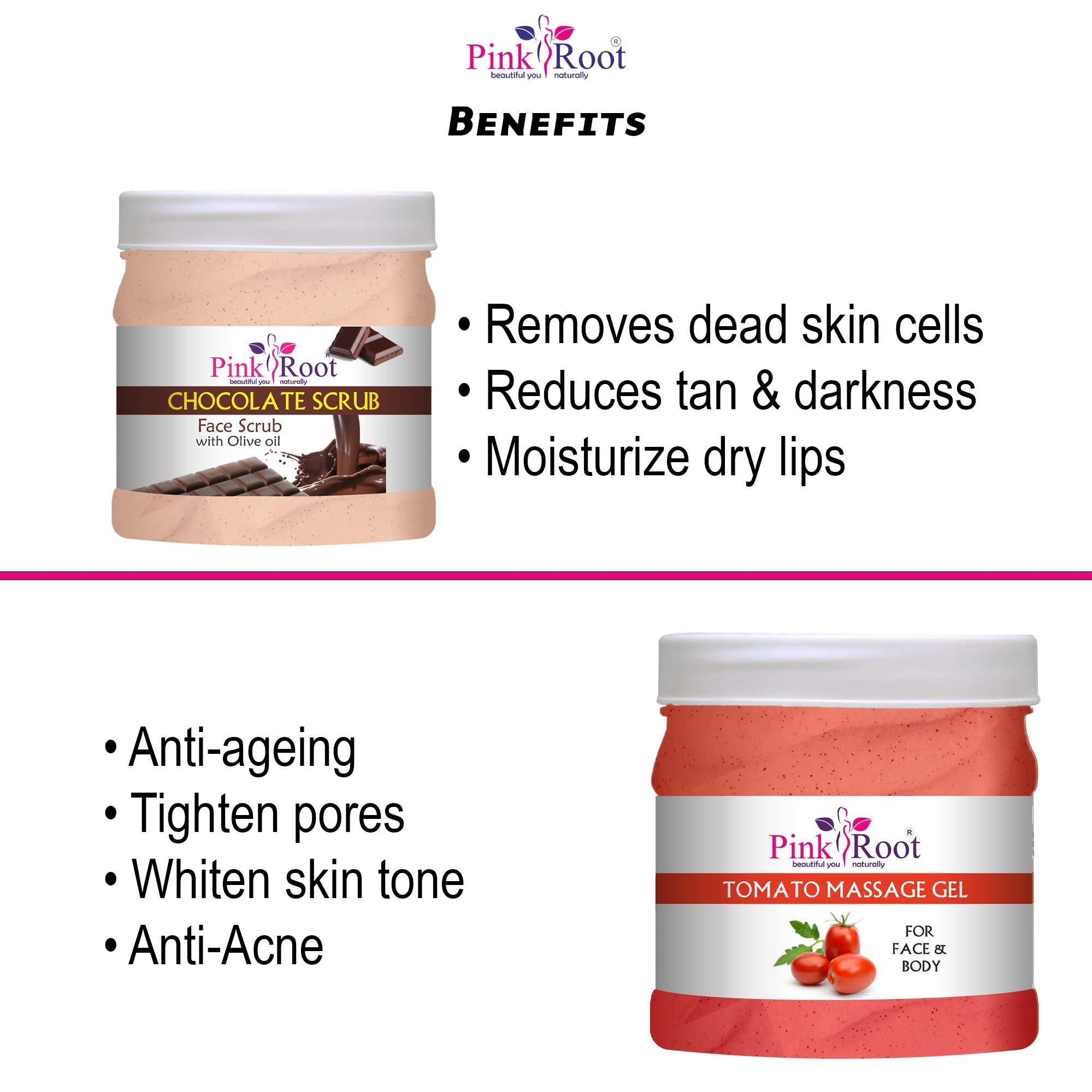 Pink Root Tomato Massage Gel & Chocolate Scrub Set - 500ml Each for Skin Exfoliation & Relaxation - Perfect for Spa, Home Massage & Self-Care Routine