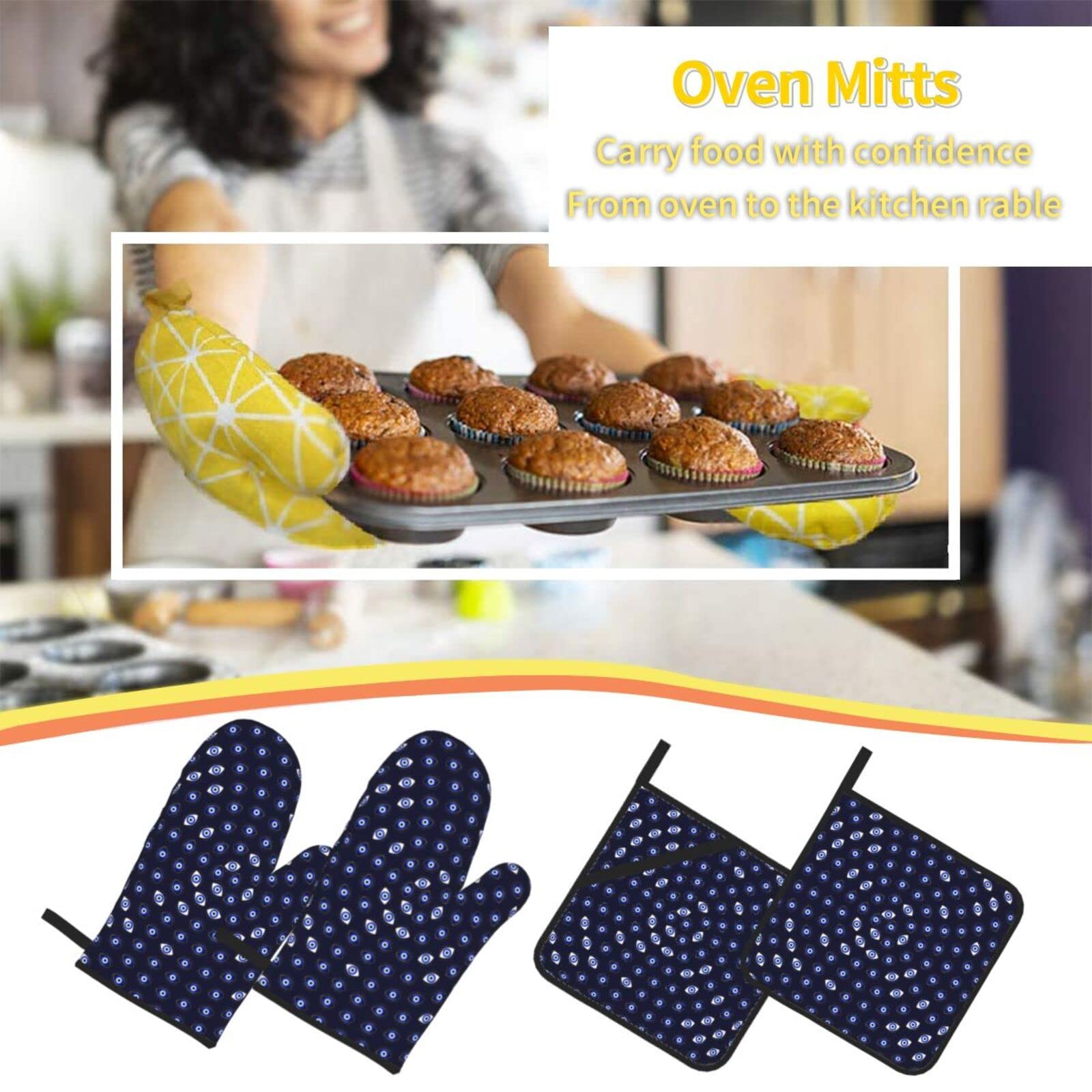 Blue Evil Eye Oven Mitts and Pot Holders Set - Heat Resistant Kitchen Gloves for Baking, Cooking & Grilling - Lucky Charm Protection for Home & Restaurant Use