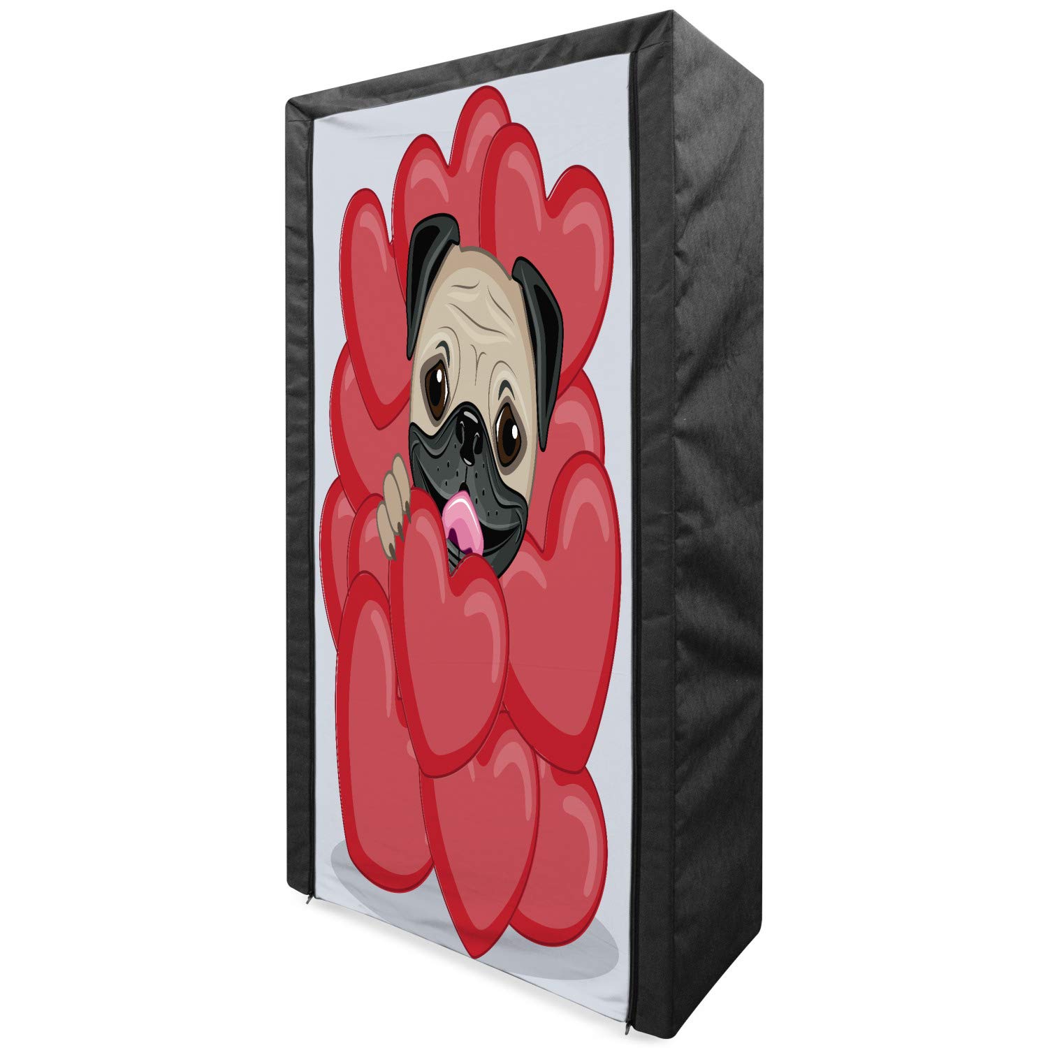 Ambesonne Pug Portable Fabric Wardrobe - Valentine's Inspired Dog Drawing with Hearts | Pet-Themed Clothing Organizer & Storage Closet with Shelves (33.5 Inches, Red Black Pale Brown) | Perfect for Bedroom, Closet & Dorm Organization