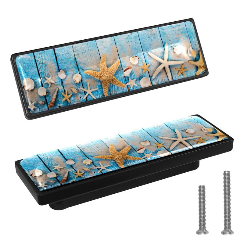 LORVIES 4-Pack Ocean Cabinet Knobs - Starfish Shells Blue Wood - for Kitchen & Dresser Decor
