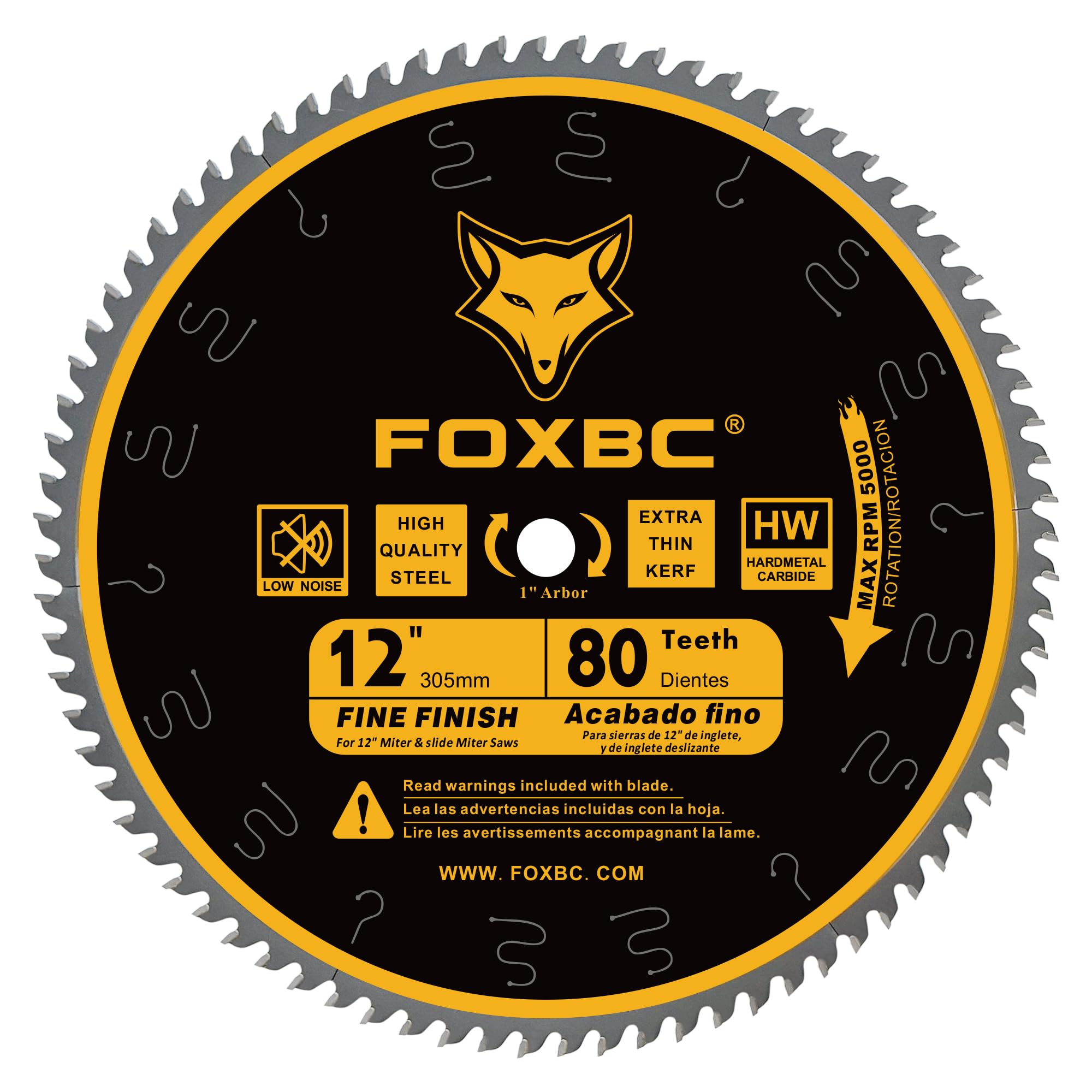 FOXBC 12 Inch 80-Tooth Miter Saw Blade for Fine Wood Crosscutting - 1 Inch Arbor - Perfect for Trim Work, Crown Molding & Precision Woodworking Projects