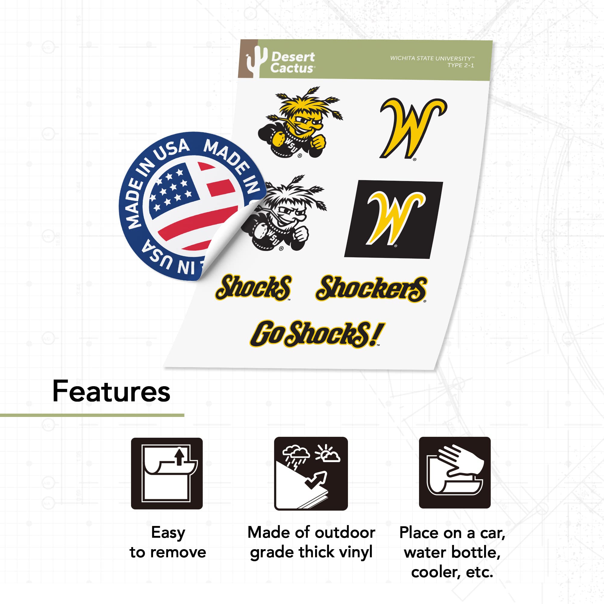 Wichita State University WSU Shockers Desert Cactus Vinyl Sticker Decal Set - 13.46x10.94 Inch Sheet for Laptop, Water Bottle, Car, Scrapbook - Perfect for School Spirit, College Pride & Fan Gifts