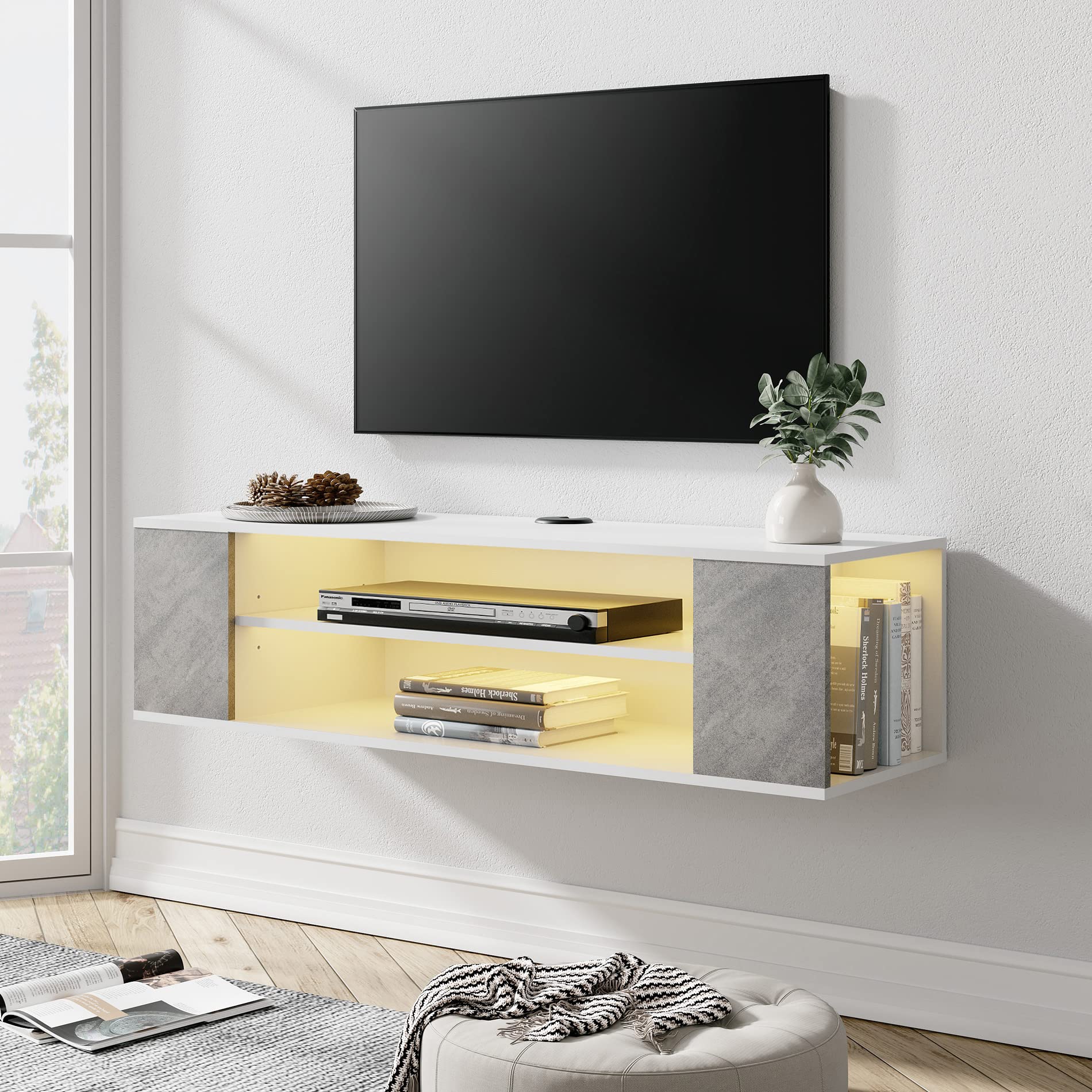 WAMPAT Floating TV Stand with Yellow LED Lights for 32/43/55 inch TVs - Wall Mounted Entertainment Center, Wooden TV Cabinet with Storage Shelf for Living Room (Grey & White) - Perfect for Modern Home Theater Setup & Space-Saving Media Organization