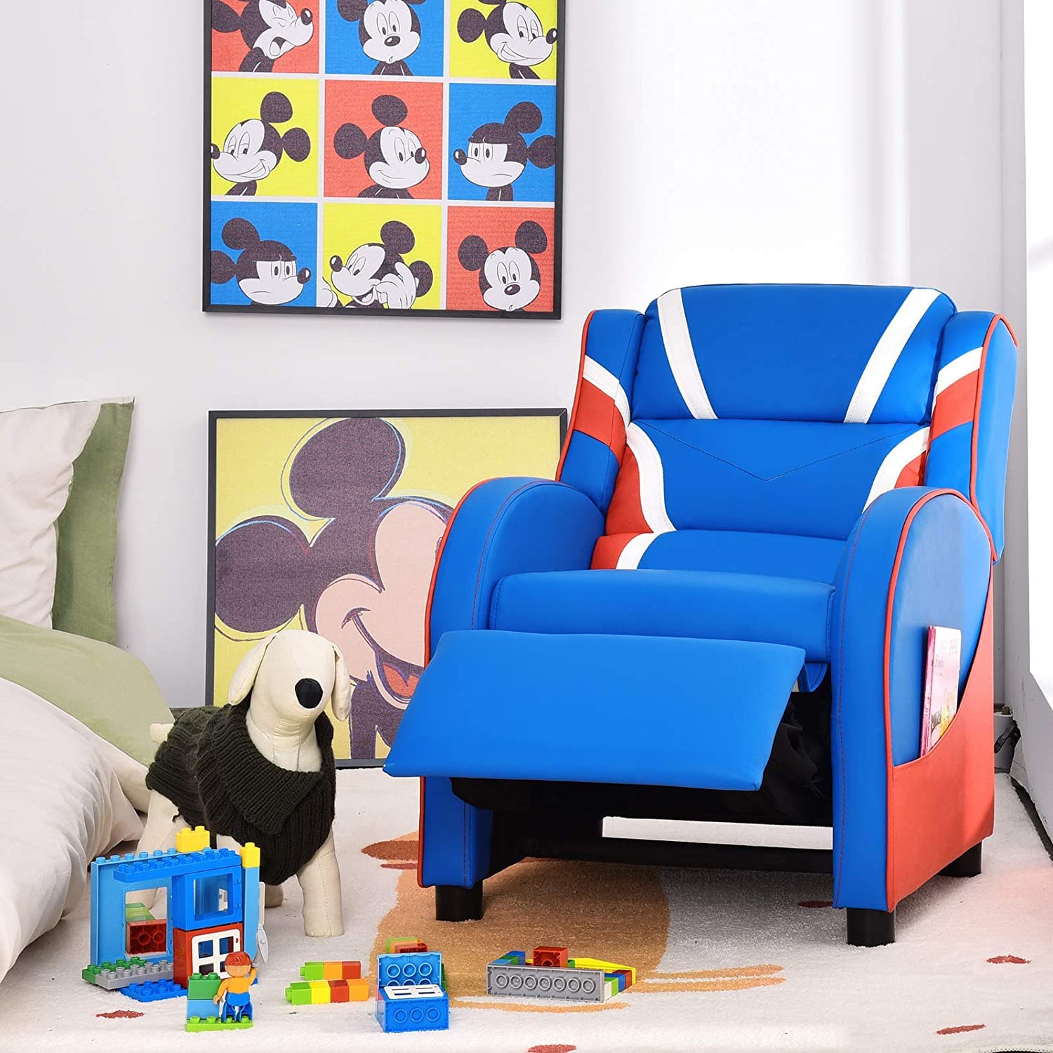 Moccha Kids Recliner Chair with Side Pockets - Adjustable Toddler Sofa with Footrest, Ergonomic Children's Furniture for Boys and Girls Room (Blue) - Perfect for Reading, Gaming, and Relaxing in Bedroom or Playroom