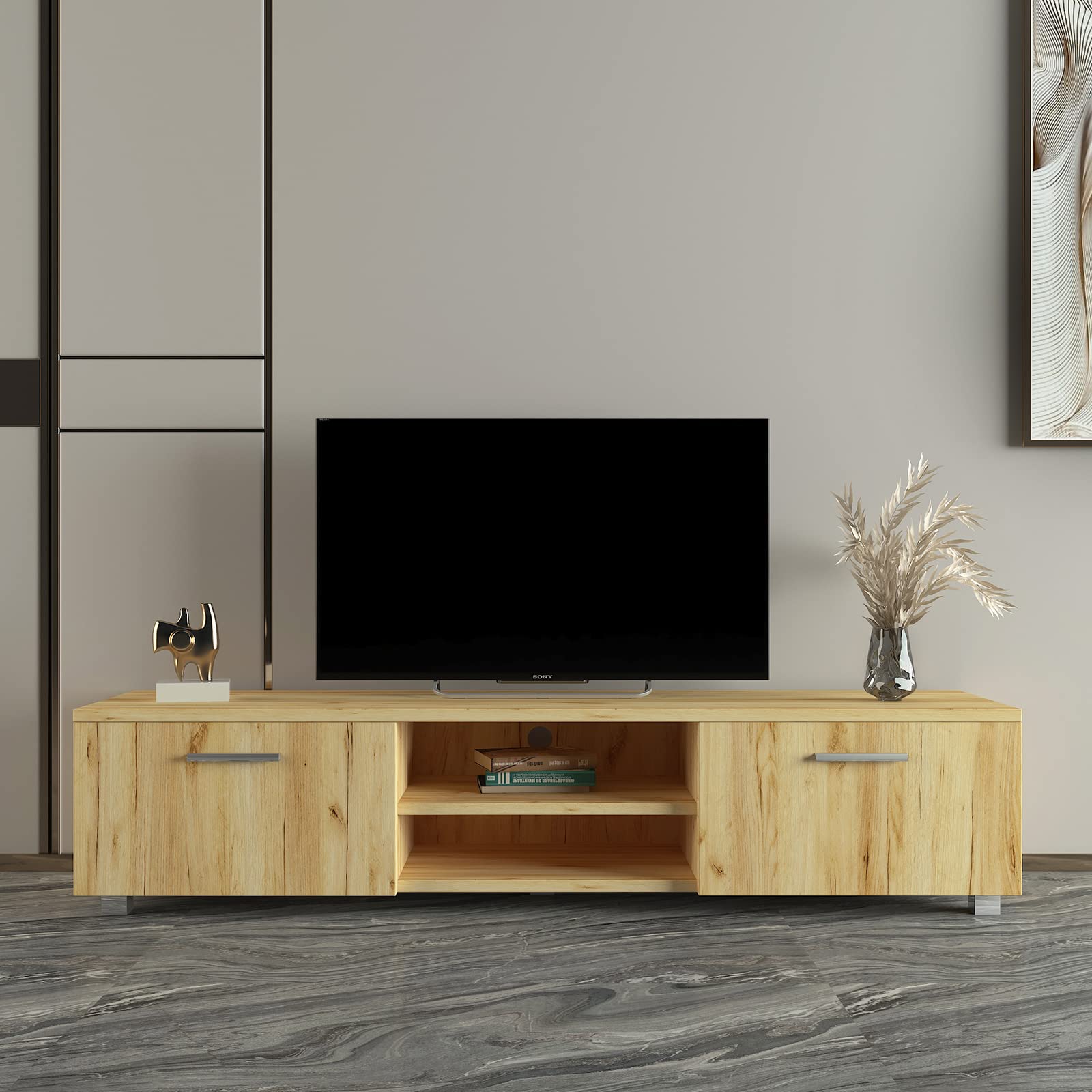 Modern Oak TV Stand for 70 Inch TVs with 2 Storage Cabinets & Open Shelves - Sturdy Wood Entertainment Center for Gaming, Movies & Home Decor - Perfect for Living Room, Bedroom & Home Theater Setup