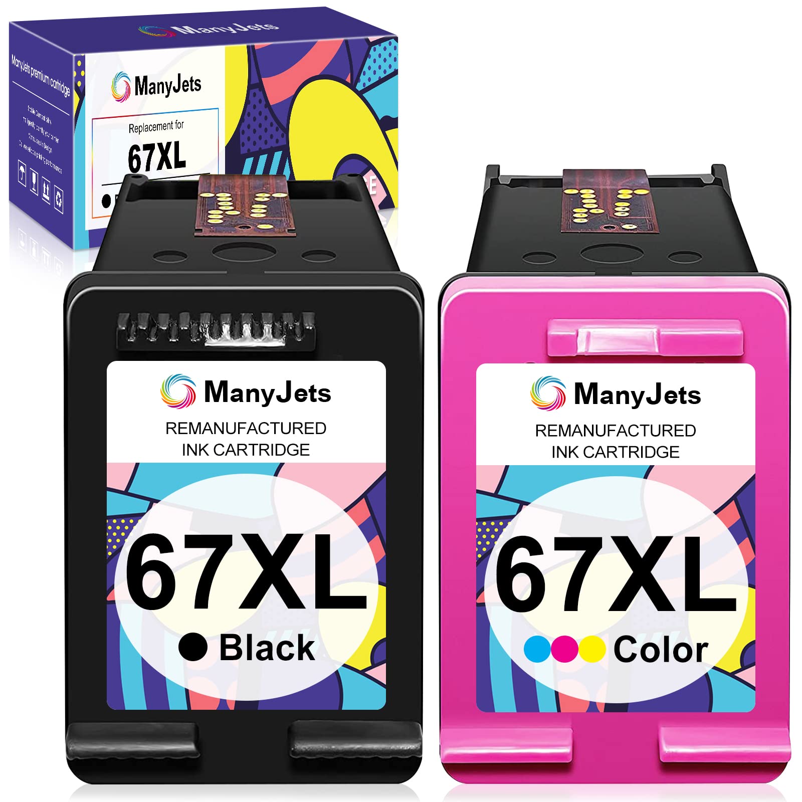 High-Quality Remanufactured HP 67XL Ink Cartridges - Compatible with HP Envy 6055, 6055e, 6052, Envy Pro 6455e, Deskjet 2755, 2755e, 2752, 2732, 2700, DeskJet Plus 4155e Printers (1 Black + 1 Tri-Color) - Perfect for Home & Office Printing Needs