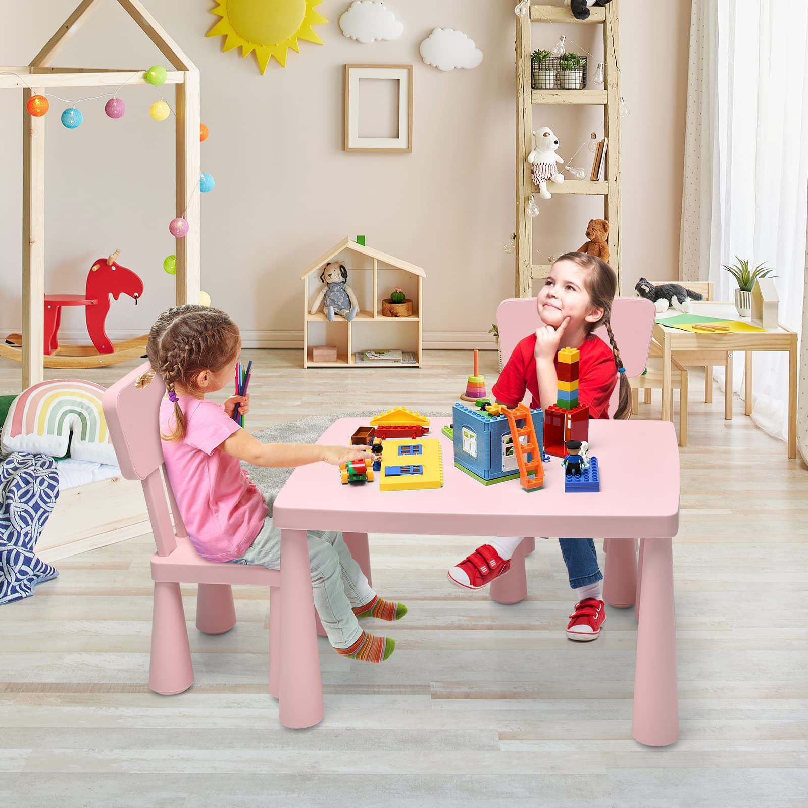 HONEY JOY Kids Table and Chair Set - 3-Piece Plastic Toddler Furniture for Art, Crafts & Play | Easy-Clean Tabletop with 2 Chairs | Perfect for Daycare, Playroom & Home | Gift for Boys & Girls (Pink)