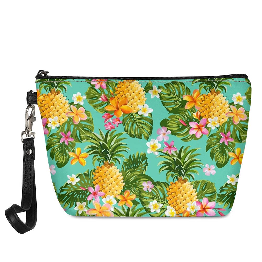 Pineapple and Tropical Flowers Cosmetic Bag for Women - Small Waterproof Makeup Pouch with Zipper, Perfect for Dance Gifts, Travel, Gym & Everyday Essentials