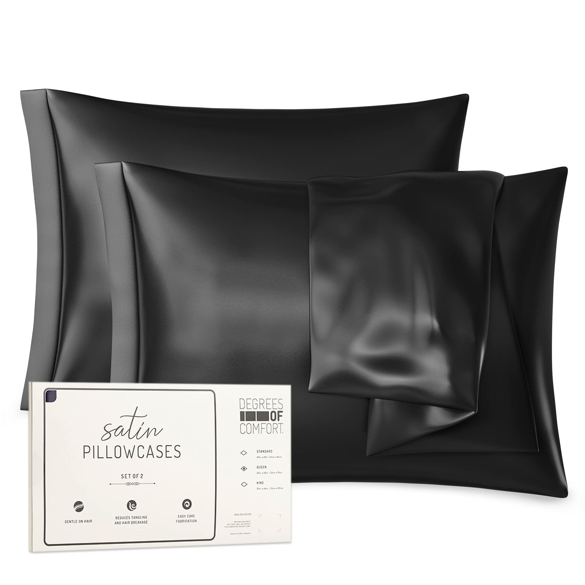 Black Satin Pillowcase Set of 2 - 20x26 Inch Silky Soft Pillow Cases for Hair & Skin Care - Envelope Closure for Secure Fit - Perfect for Bedroom, Travel & Gift Giving