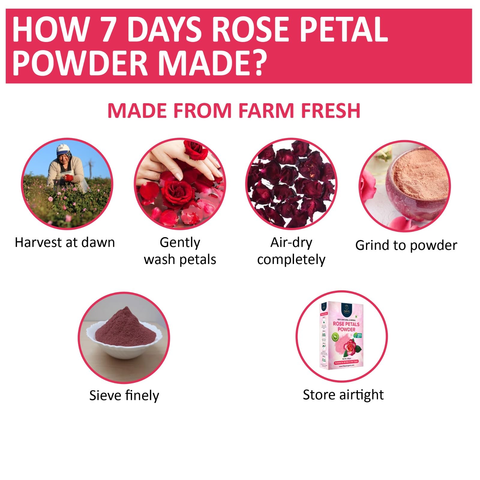 7 DAYS Pure & Natural Rose Petal Powder for Face & Skin Care - 100g Organic Face Mask for Tan Removal & Glowing Complexion | DIY Facial Treatment for Brightening & Hydration