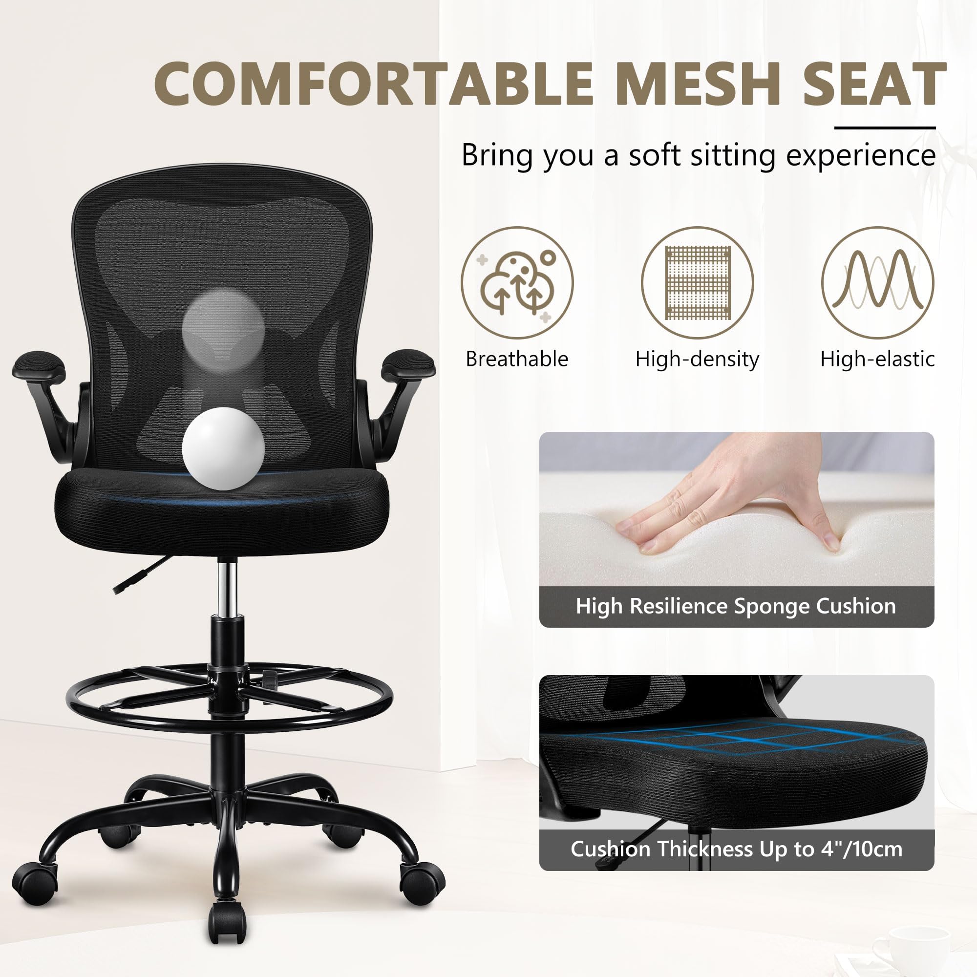 Ergonomic Drafting Chair - Adjustable Height Office Chair with Lumbar Support, Swivel & Rolling Base, Flip-Up Armrests & Foot Ring for Standing Desk - Black | Perfect for Architects, Artists, Home Office & Computer Workstations