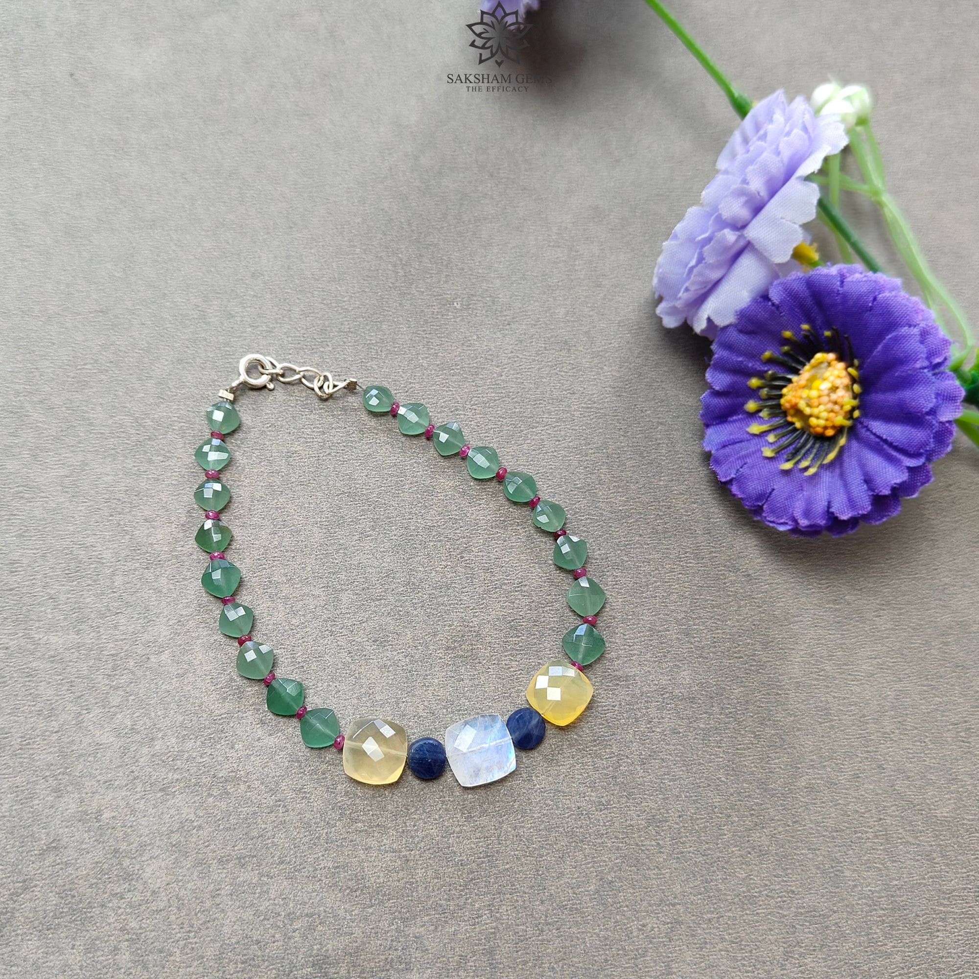 Green Quartz Yellow Opal Moonstone Sapphire Ruby Gemstone Beaded Bracelet - 925 Sterling Silver Checker Cut 8.5