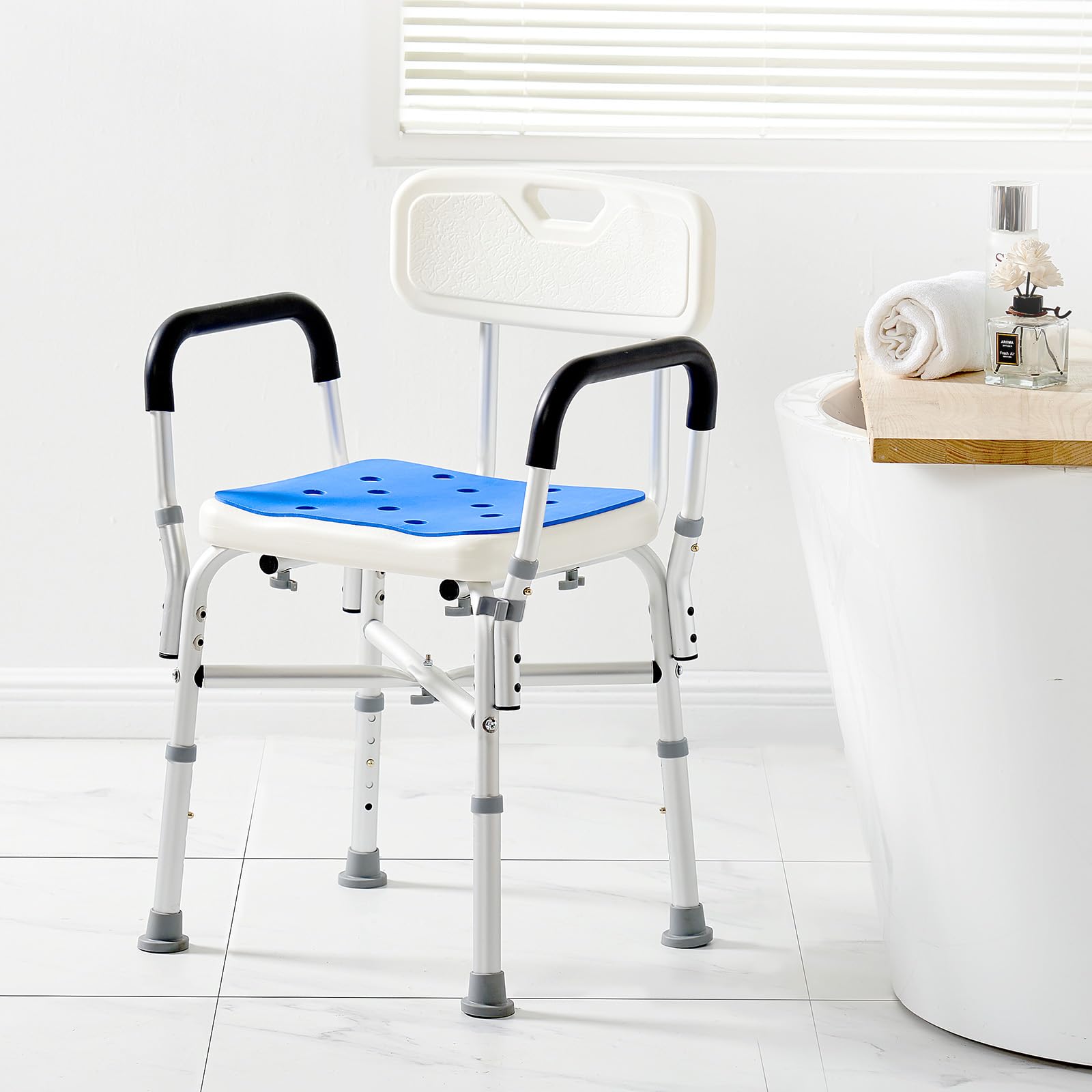 Adjustable Shower Chair Seat with Padded Armrests & Back Support - 400 lbs Weight Capacity - Non-Slip Bath Stool for Elderly & Disabled - Perfect for Shower, Bathtub & Bathroom Safety (Ideal for Seniors, Post-Surgery Recovery & Mobility Assistance)