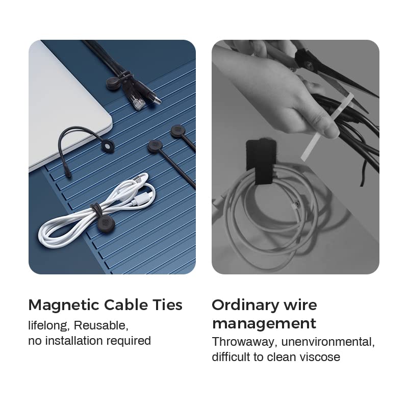 EUREKA ERGONOMIC 10 Pack Reusable Magnetic Cable Ties - Strong Rubber Twist Ties with Magnet for Wire, Cord & Cable Management - Organize Under Desk, Home Office, Car & Workshop (Black)