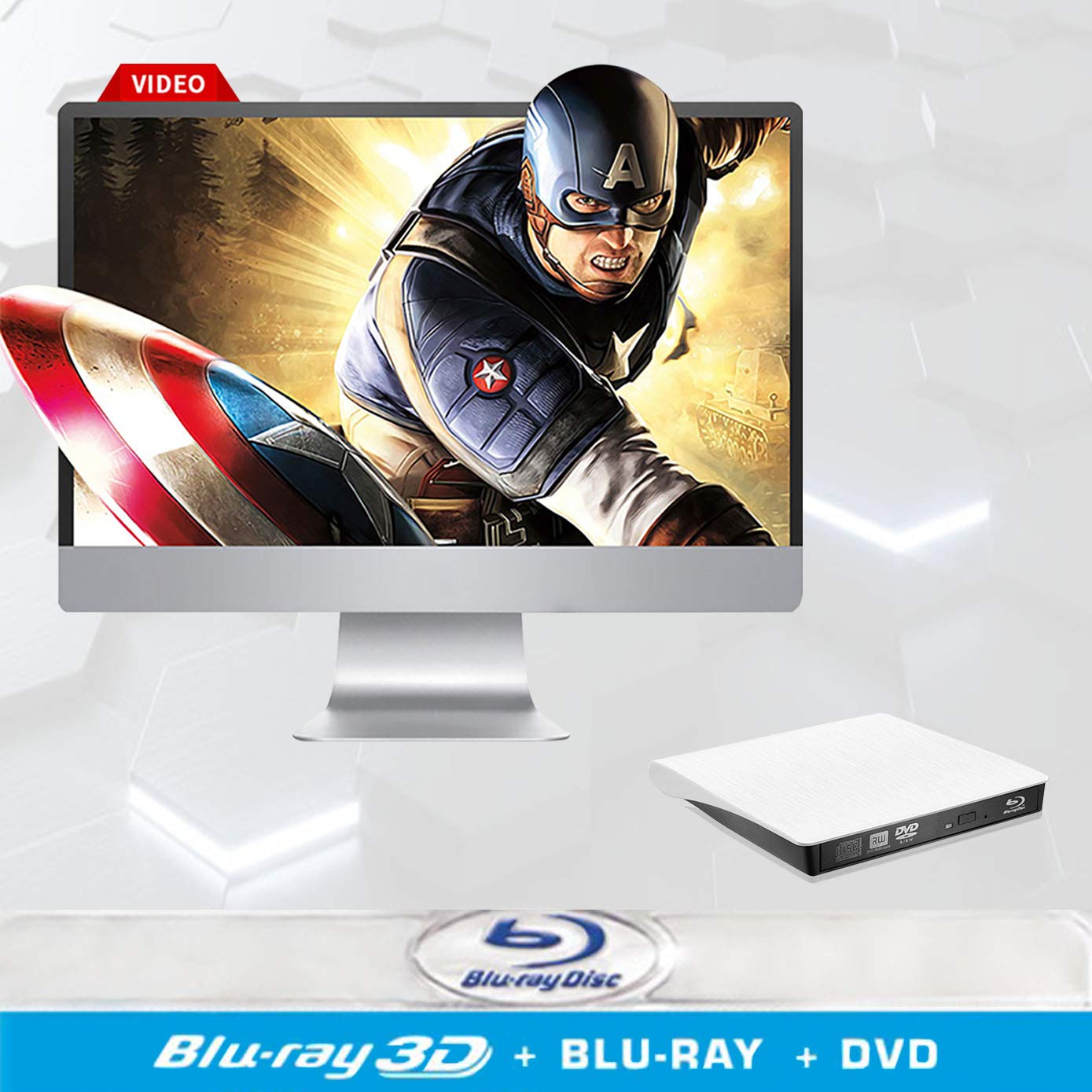 Portable External USB 3.0 Blu-ray DVD CD Drive - BD-ROM Reader/Writer/Burner for PC & Laptop (White) | Watch Movies, Backup Data, Install Software on Windows/Mac