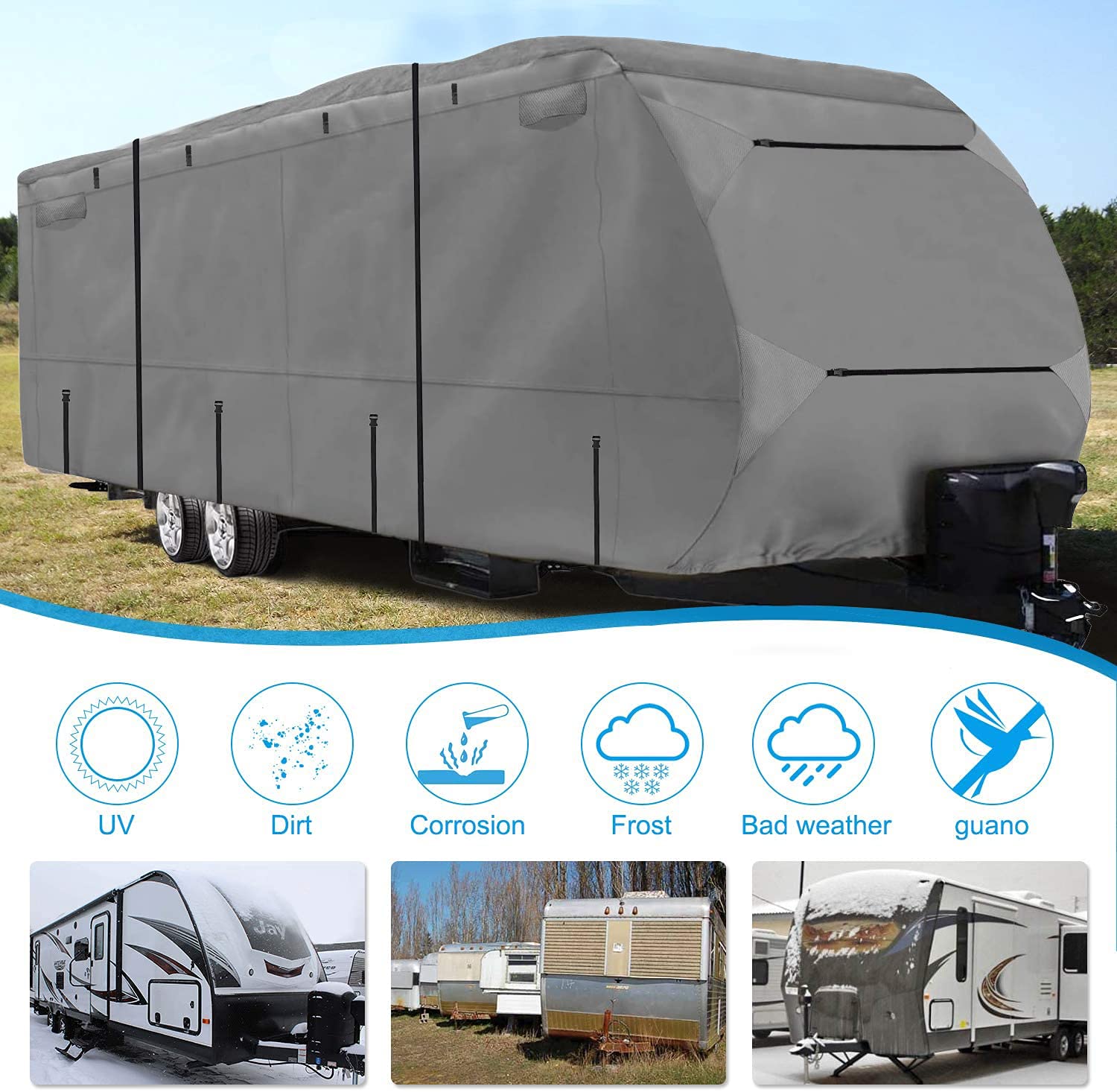 Heavy Duty 420D Ripstop Waterproof RV Cover for 26'-29' Travel Trailers - Oxford Cloth Material with Storage Bag & Windproof Buckles - Perfect for Outdoor Storage, Winter Protection, and Long-Term Vehicle Shelter