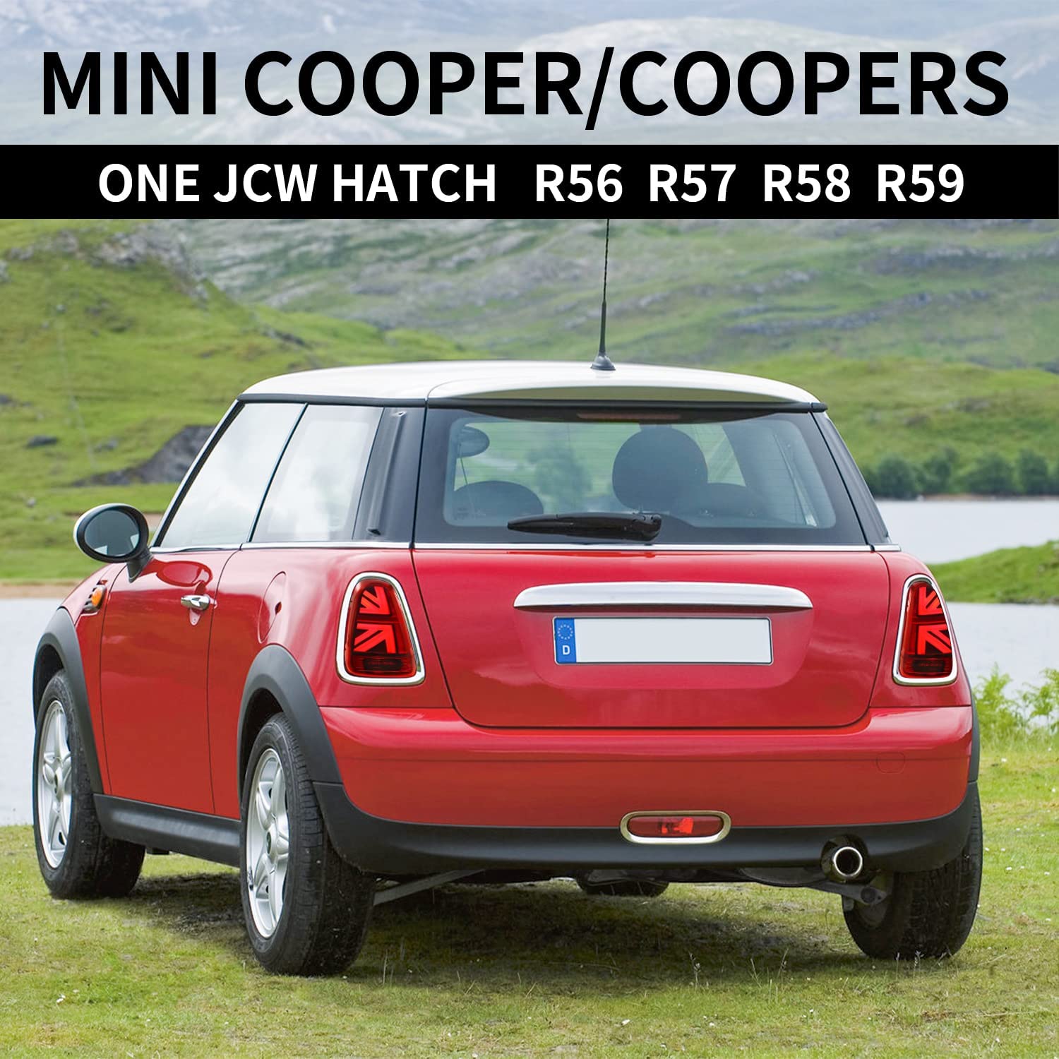 JCW Union Jack LED Tail Lights Assembly for Mini Cooper Hatchback R56 R57 R58 R59 (2007-2013) - Sequential Turn Signal Rear Lamps Pair - Upgrade for Mini Cooper S, Clubman & Convertible Models - Perfect for Night Driving & Car Customization