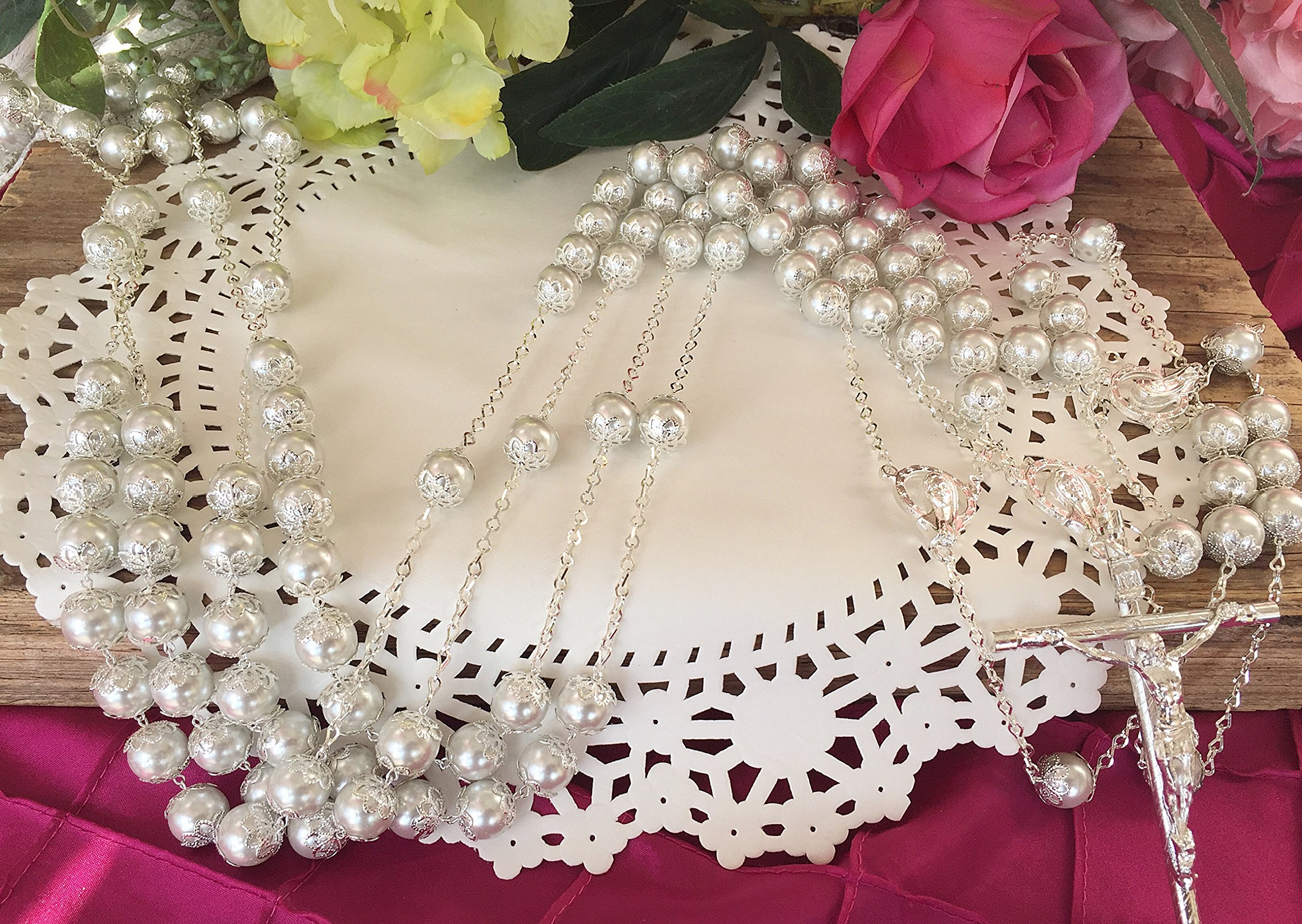 Elegant White Pearls Silver Plated Crystal Wedding Lasso - Crystal Wedding Rosary & Lazo De Boda - Perfect for Catholic Wedding Ceremonies, Quinceañeras & Vow Renewals