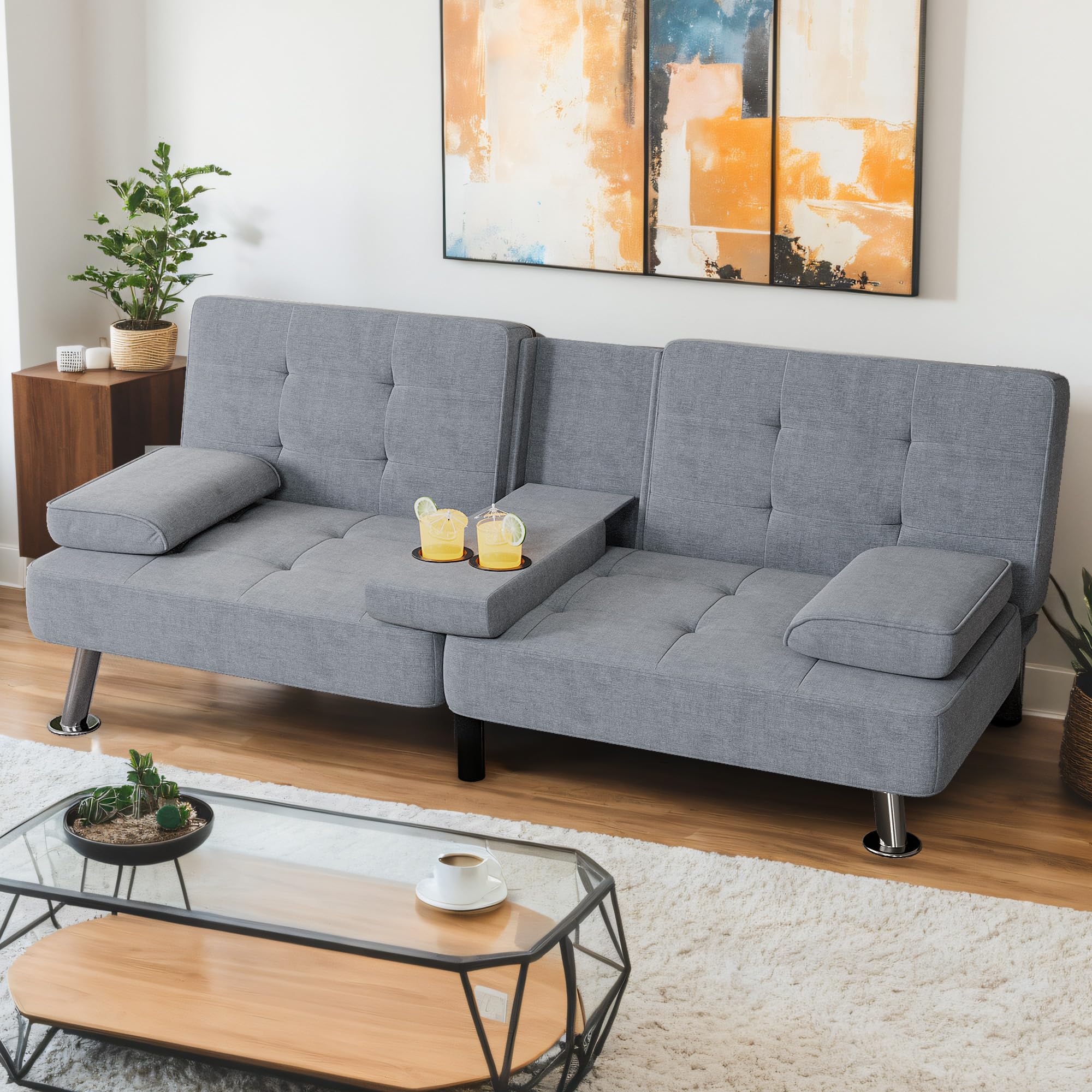 Modern Linen Upholstered Convertible Folding Futon Sofa Bed - Removable Armrests & Metal Legs with 2 Cup Holders - Dark Grey for Living Room, Guest Room & Small Spaces - Perfect for Apartments, Dorms & Home Offices