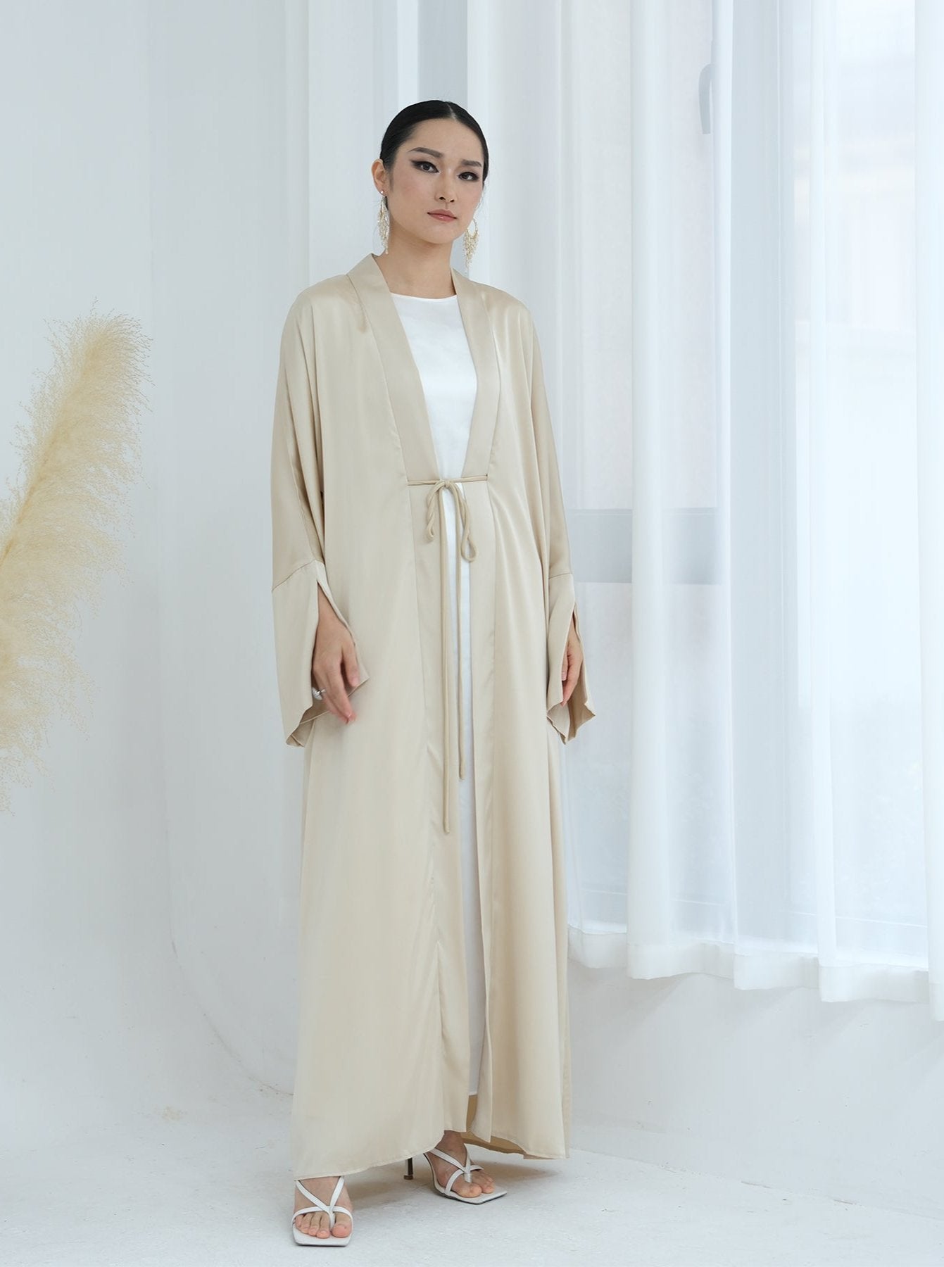 Lavinia Satin Open Abaya Beige - Elegant Muslim Prayer Dress for Women, Perfect for Mosque, Eid & Special Occasions