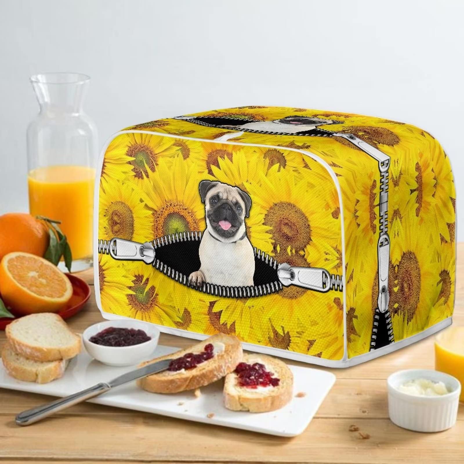 Pug Dog Print 4-Slice Toaster Cover - Dust Protection & Washable Kitchen Appliance Cover | Sunflower Zippered Bread Maker Cover for Toaster Oven | Cute Pet-Themed Kitchen Accessories for Home & Gift Use