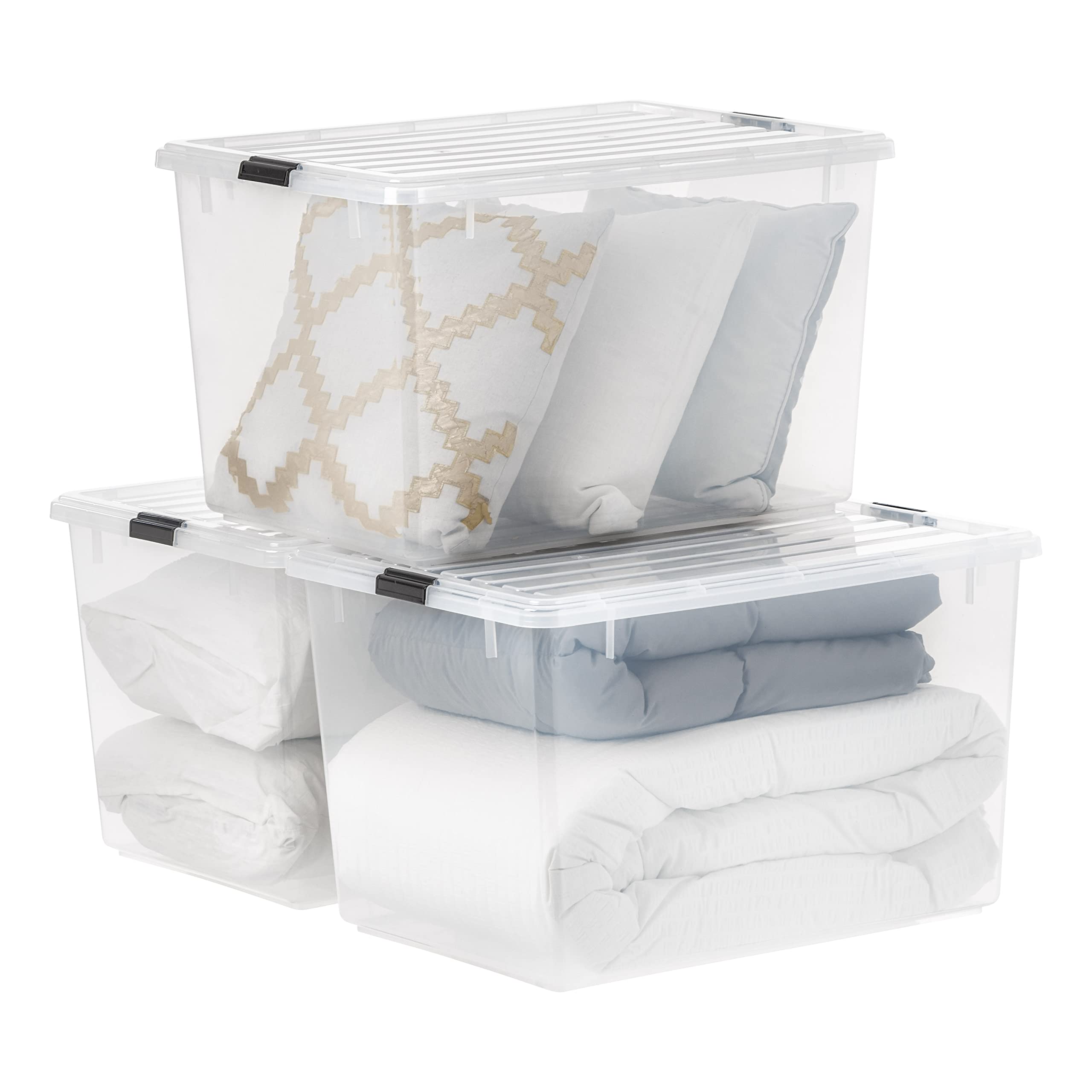 IRIS USA 144 Qt Stackable Plastic Storage Bins with Lids, 3-Pack BPA-Free Clear Storage Containers - Durable See-Through Organizing Solution with Secure Latches & Pull Handles - Perfect for Home Organization, Garage Storage & Closet Decluttering - Made in USA