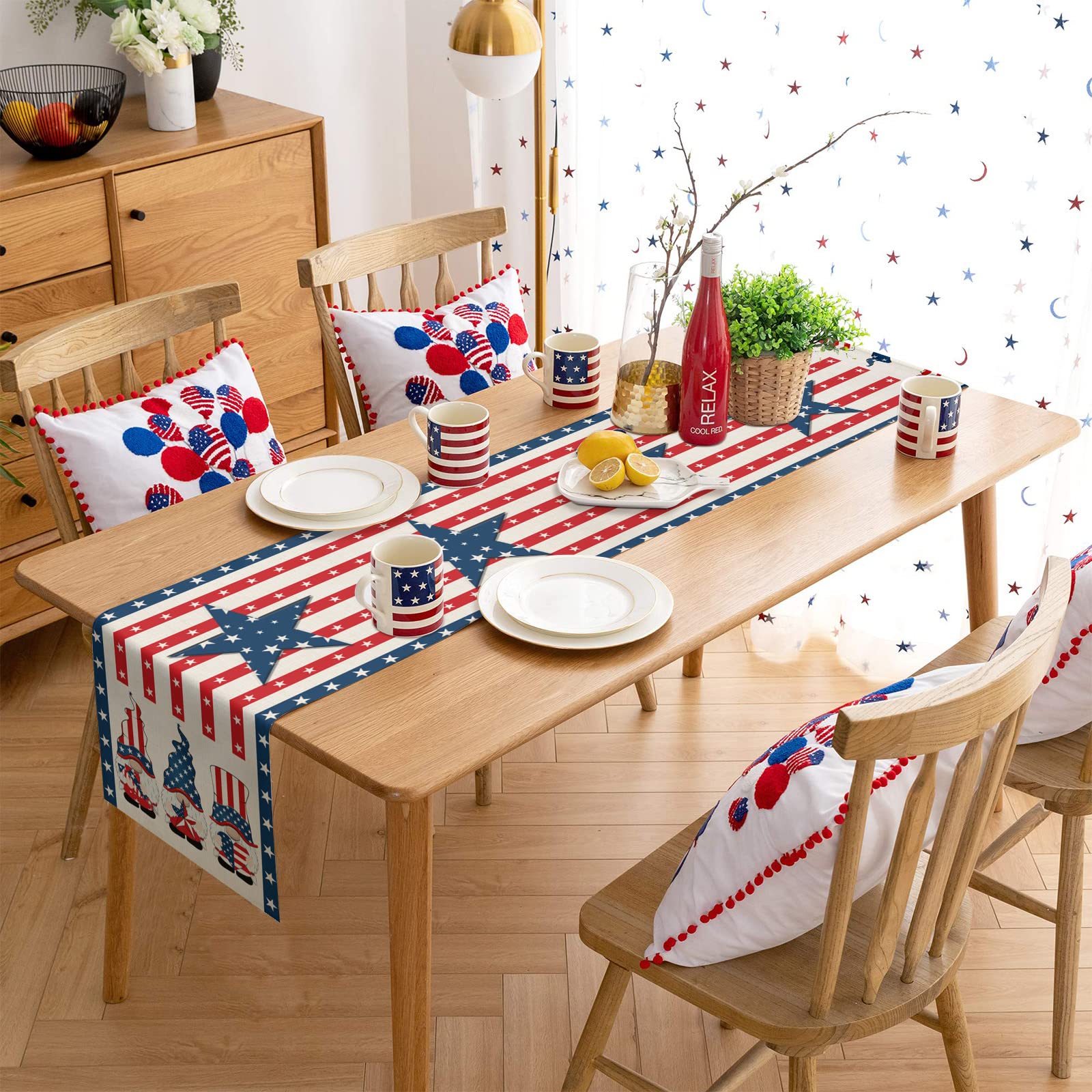 American Flag Day Gnome Table Runner - 13x90 Inch Patriotic Stripe & Star Design - Washable for Round, Kitchen, Coffee & Dining Tables - Perfect for Independence Day & Home Decor