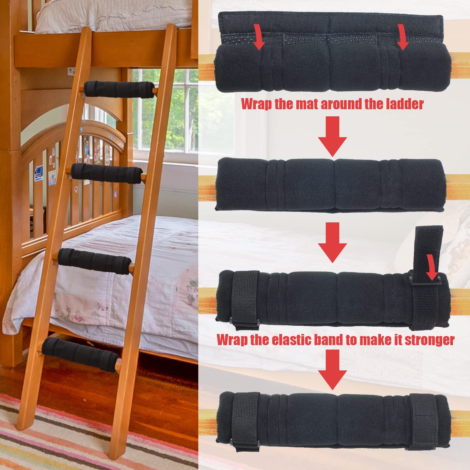 4 Pcs Bunk Bed Ladder Pads with 8 Adjustable Hook & Loop Straps - Non-Slip Ladder Step Covers for Loft Beds (10x10 Inch) - Safe & Comfortable Climbing Accessories for Kids & Adults - Perfect for Bedrooms, Dorms & Treehouses (Ladder Not Included)