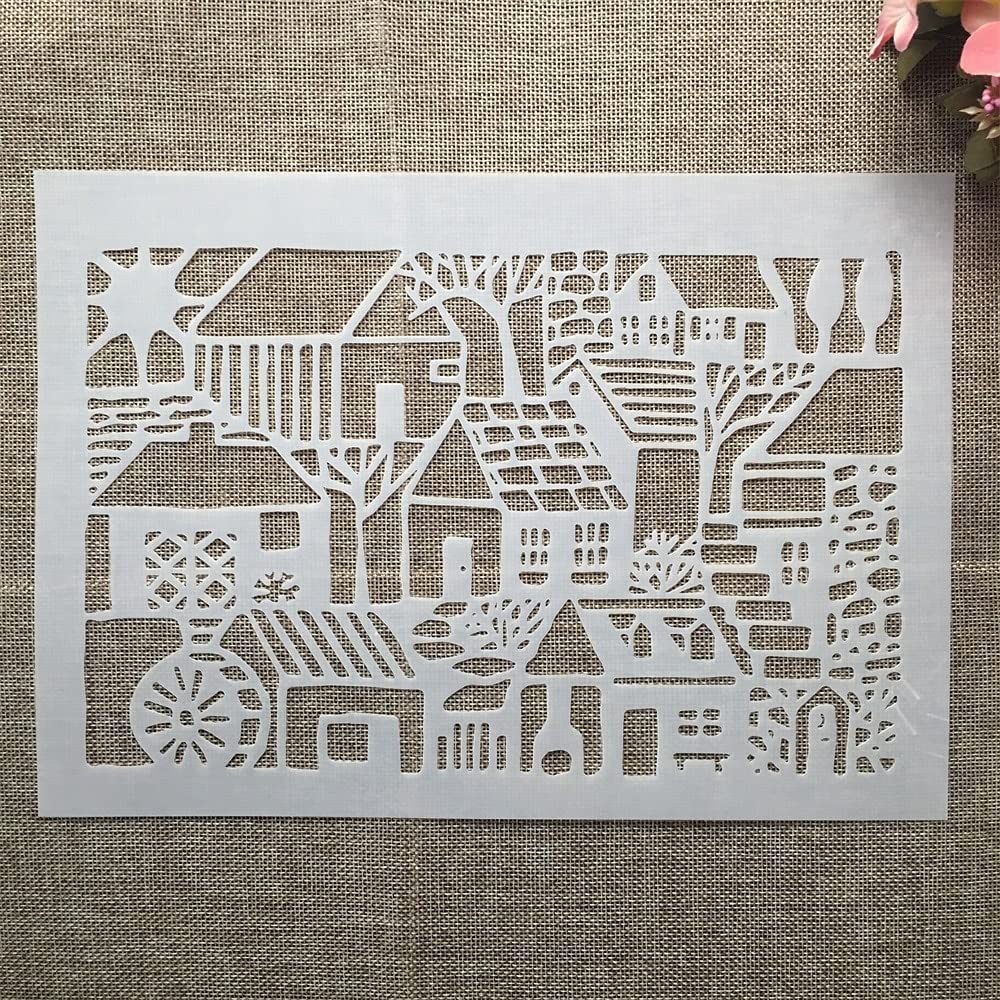 Reusable A4 29cm Countryside Rural House Painting Stencils - DIY Scrapbook Templates for Furniture, Wall & Floor Decor - Perfect for Home, Craft Projects & Farmhouse Style Decorating