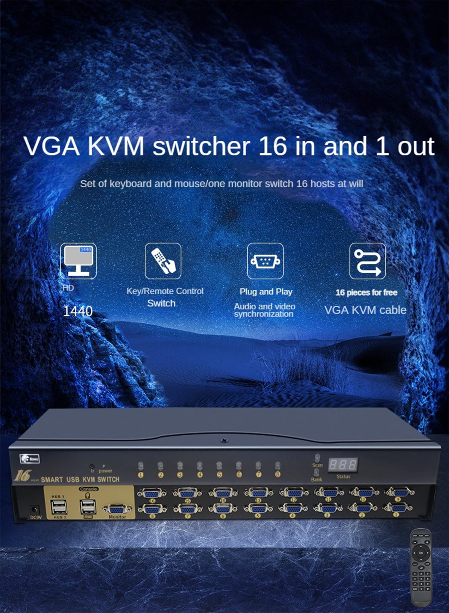 16-Port USB VGA KVM Switch - 16 in 1 Out Projector Video Display with Remote Control & 16 VGA Cables | Compatible with Win98/ME/2KP4/XP/2003, Linux, MAC | Ideal for Server Rooms, Data Centers & Multi-Computer Workstations