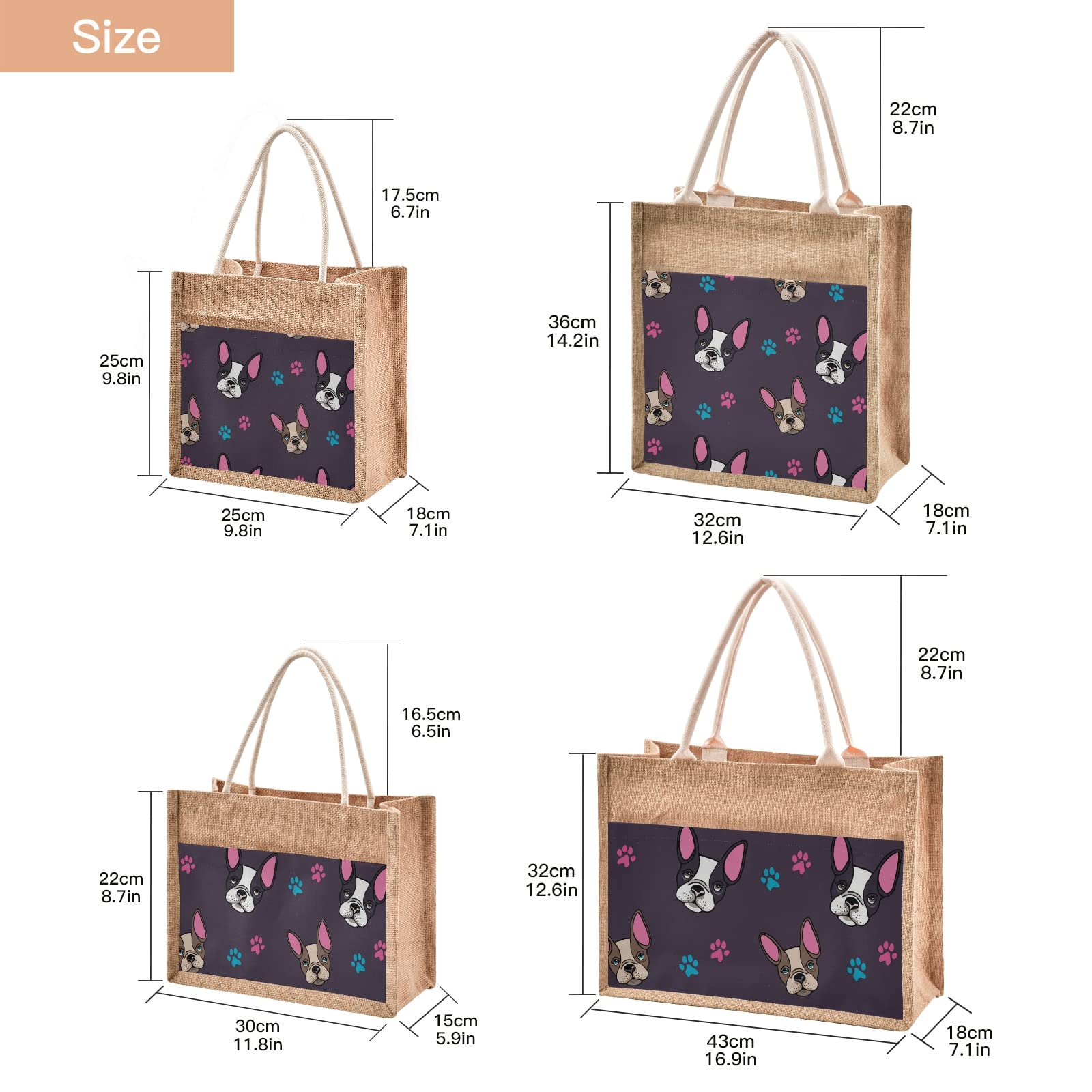 Stylish French Bulldog Puppies Jute Tote Bag for Women - Eco-Friendly Burlap Gift Bag with Sturdy Handle - Perfect for Shopping, Beach Trips & Casual Outings