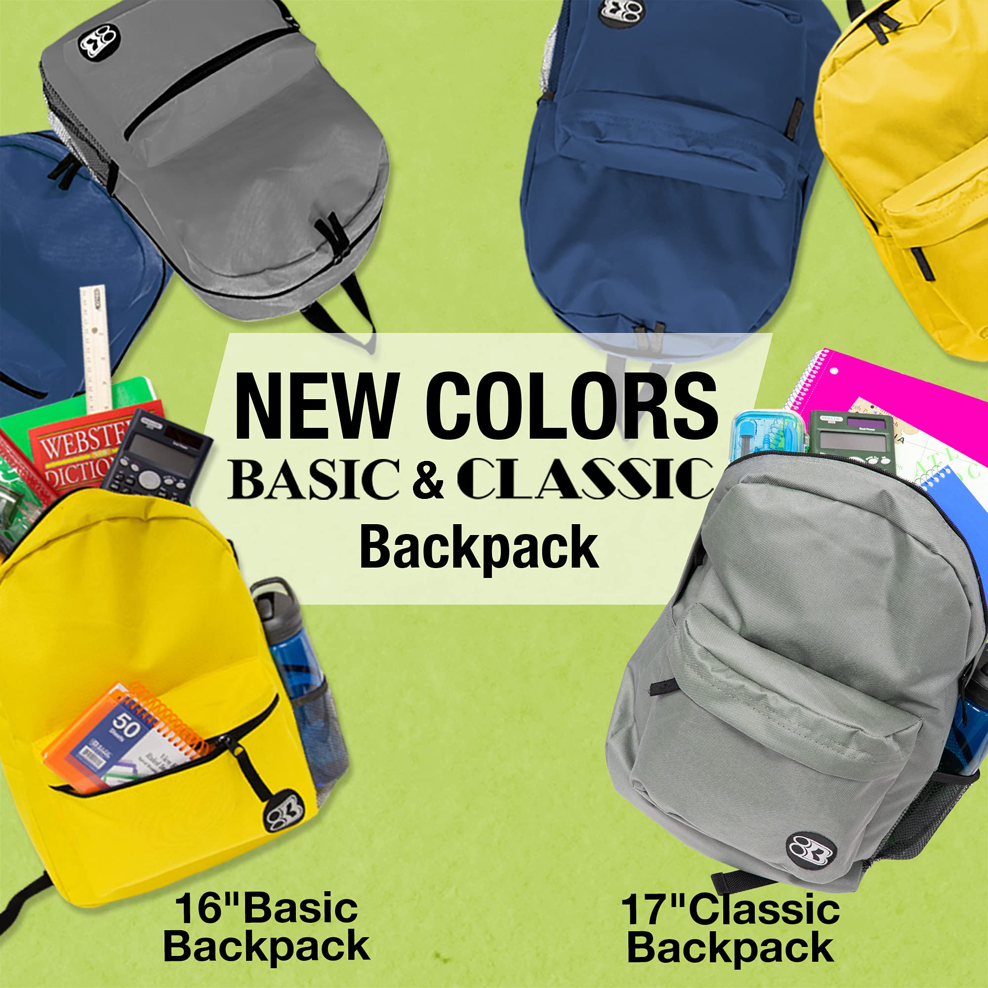BAZIC 17-Inch Lightweight School Backpack with Padded Back & Adjustable Straps - Gray Student Backpack for High School & College, Travel Daypack Fits A4 Notebooks (12-Pack) - Perfect for Class, Commuting & Weekend Trips