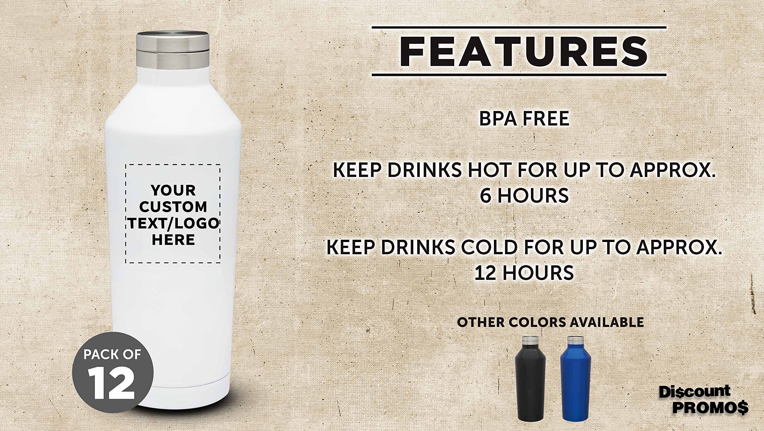 Custom Stainless Steel Water Bottles 17 oz (12 Pack) - Double Wall Insulated, Personalized Bulk Promotional Drinkware - Keeps Coffee, Tea, Soda Hot & Cold - Perfect for Office Gifts, Corporate Events, Gym & Outdoor Activities - White