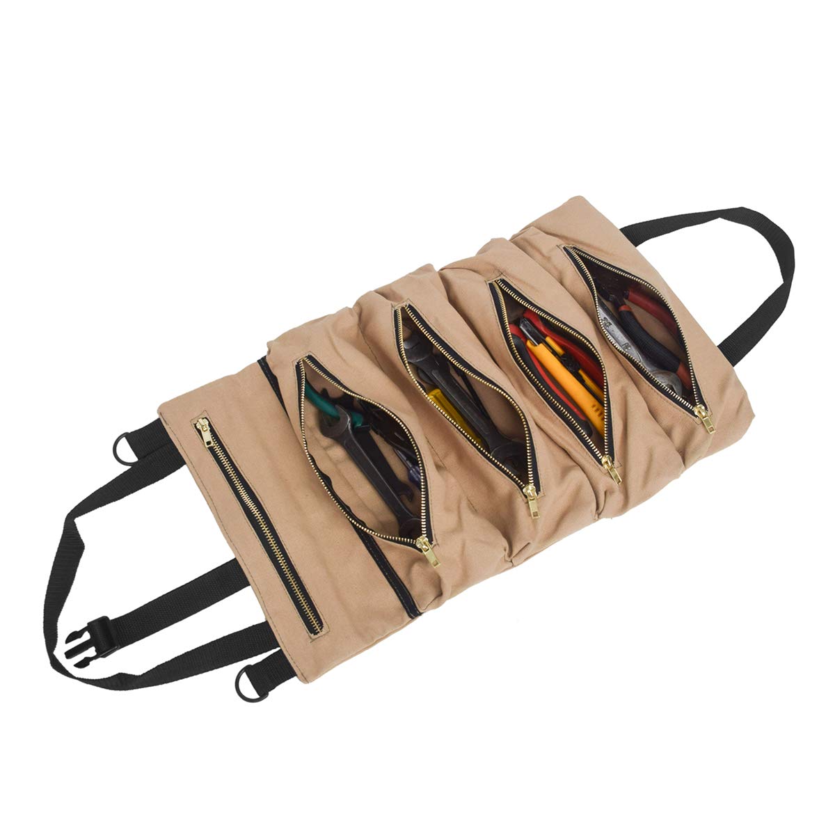 UNISTRENGH Heavy Duty Canvas Tool Roll Up Bag - Multipurpose Wrench Roll Pouch Organizer with 5 Zipper Pockets - Perfect for Car Repair, First Aid Kit Storage, Camping Gear & DIY Projects (Khaki)