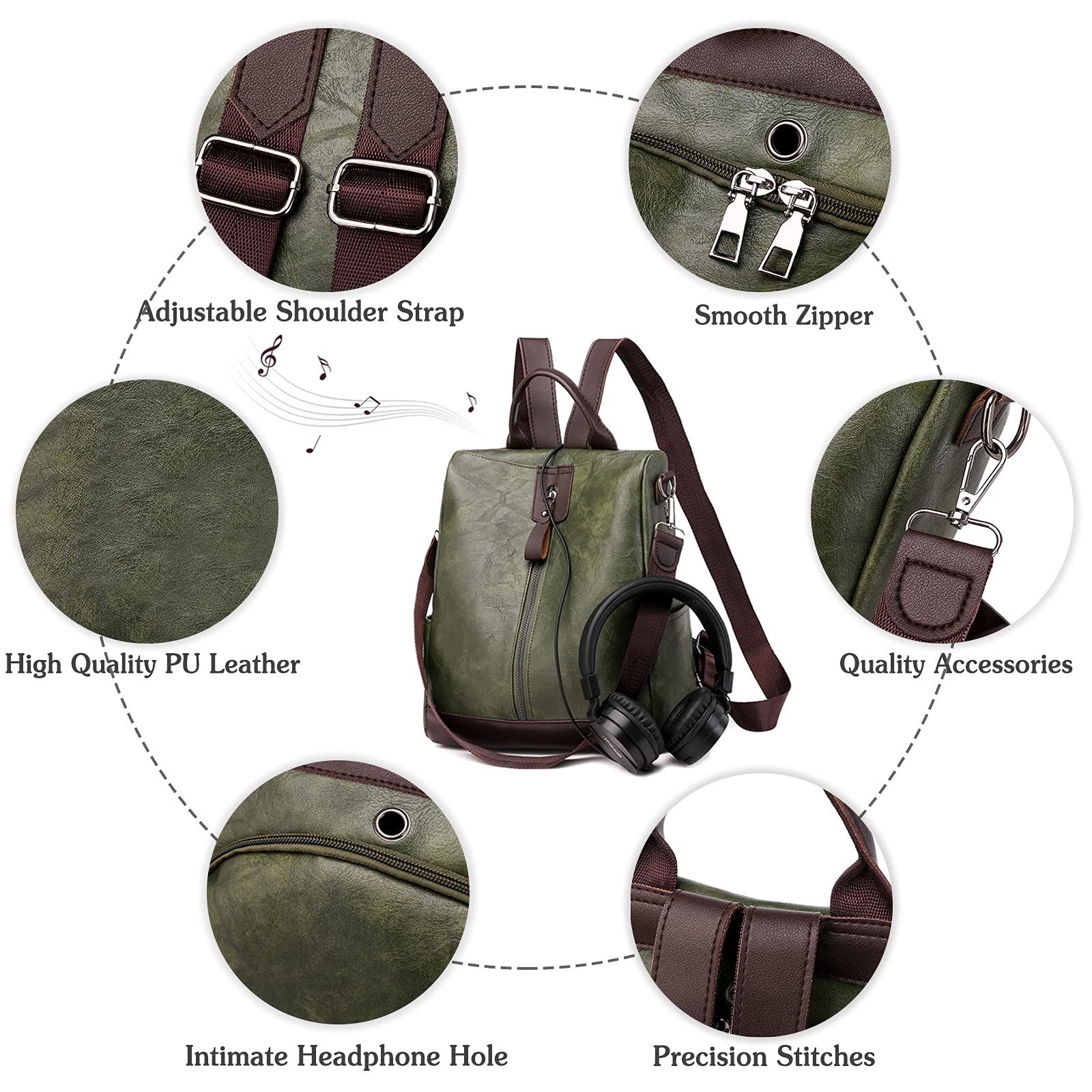 PORRASSO Anti-Theft Women's Backpack - Waterproof PU Leather Daypack with Earphone Hole & Shoulder Straps - Stylish Rucksack for School, Work, Travel & Outdoor Activities
