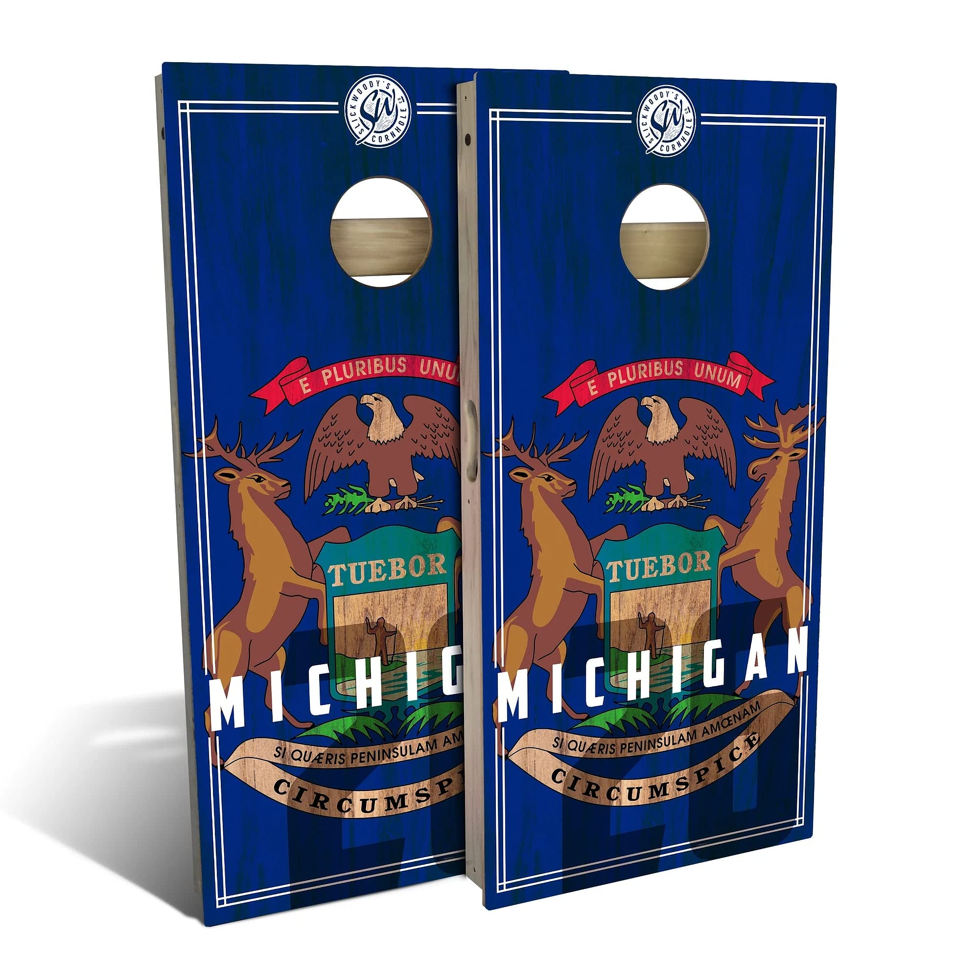 Michigan State Flag Cornhole Game Set - 2 Premium Cornhole Boards & 8 Bean Bags - Outdoor Lawn Games for Tailgating, Backyard Parties, and College Events