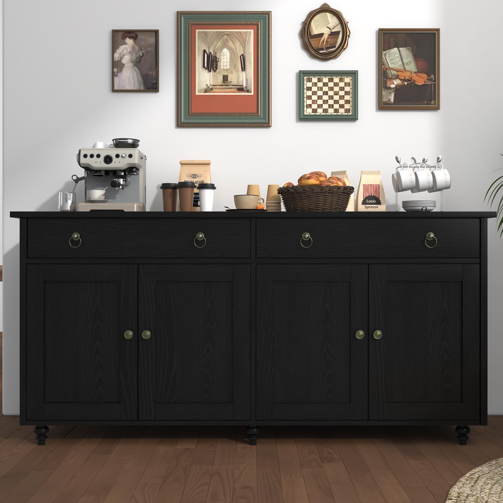 4 EVER WINNER 55'' Black Buffet Cabinet with Storage - Coffee Bar Sideboard with Drawers, Doors & Adjustable Shelves for Living Room | Perfect for Dining Room Storage, Home Bar Setup & Entertainment Center