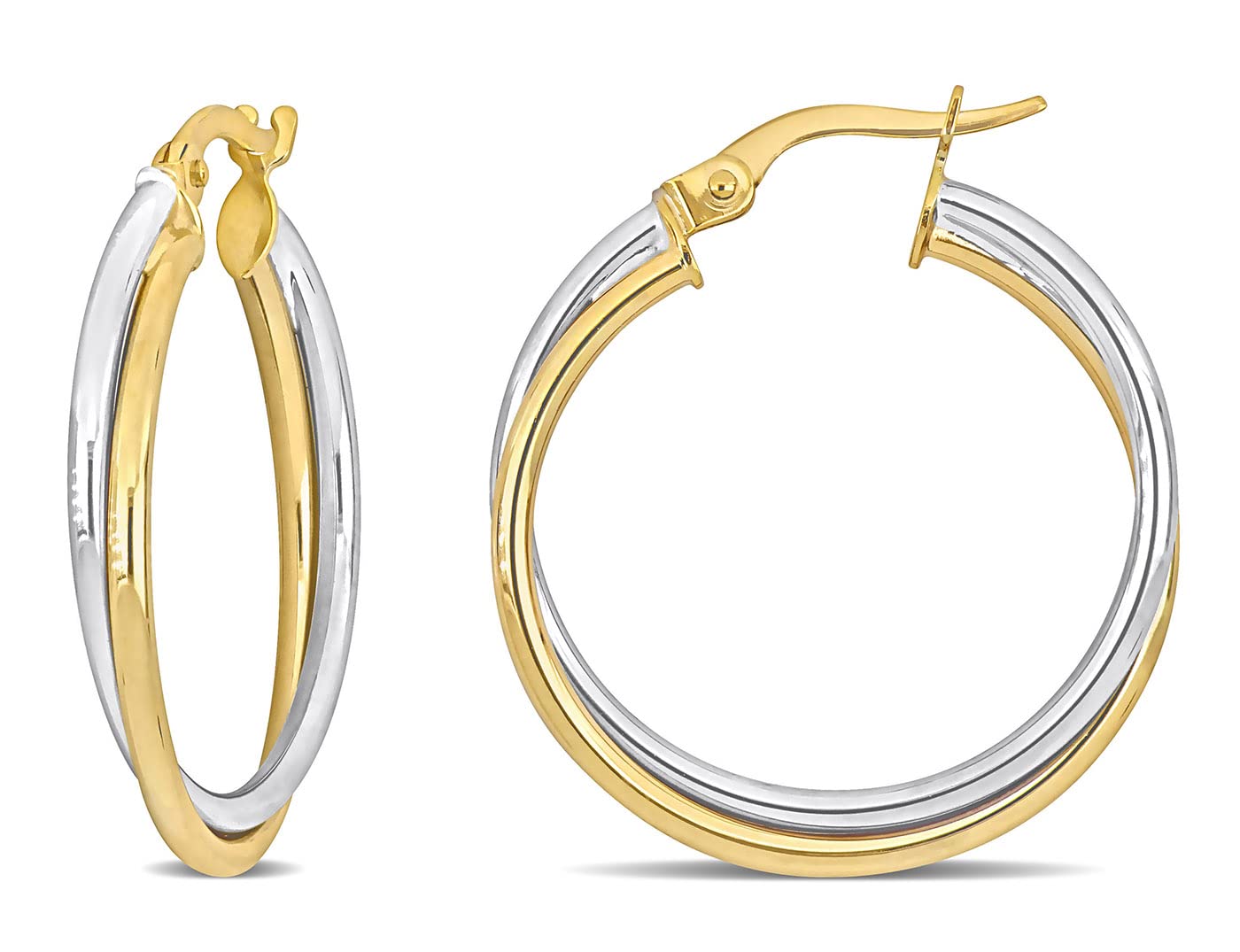 10K Yellow and White Gold Crossover Hoop Earrings - 26mm Dainty Elegant Jewelry for Women - Perfect for Everyday Wear, Parties & Special Occasions