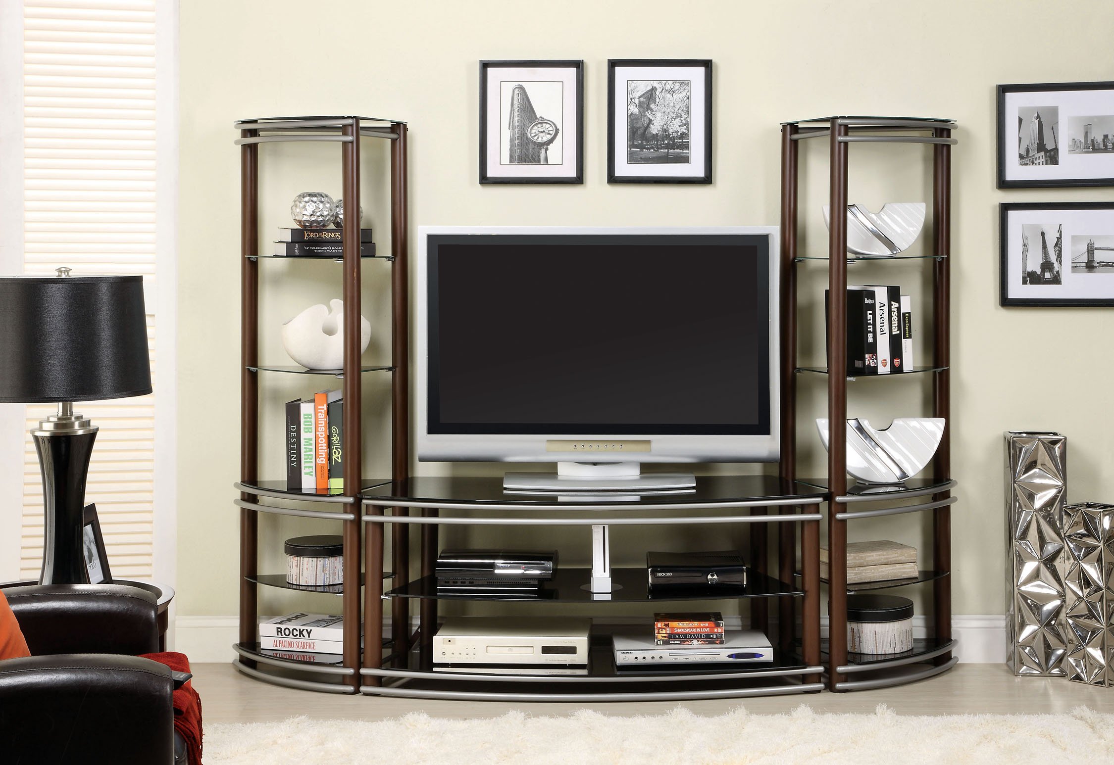Beverly Media Console & Pier Shelf by Furniture of America - Brown with Silver Finish | Stylish TV Stand & Display Shelf for Living Room & Home Theater