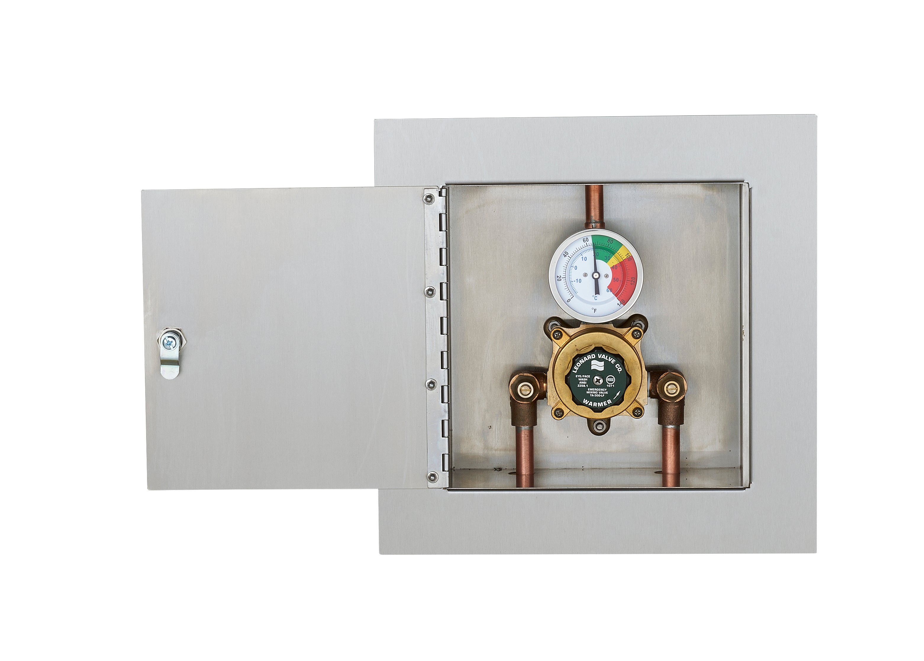 Leonard LF Single Eye/Face Wash Thermostatic Mixing Valve with Exposed Stainless Steel Cabinet Assembly, 4 GPM TA 300 LF ESS - Ideal for Commercial Restrooms, Hospitals, and Public Wash Stations